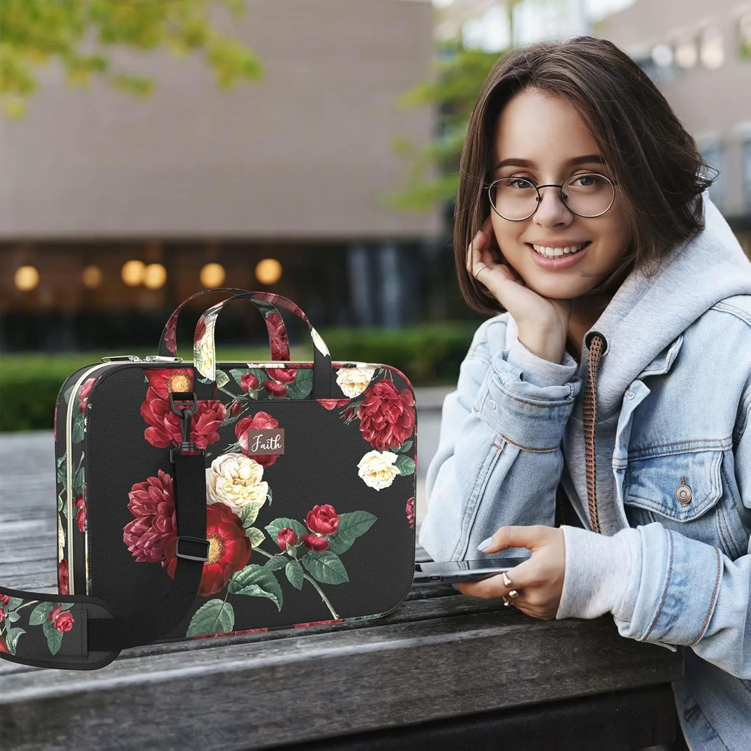 DEHITE Bible Bags for Women – Floral Black Bible Carrying Case – Tote Bag Extra Large – Book Size 11.4 x 8.85 x 1.9 in – Pen Slot – Zippered Pocket – Shoulder Strap – Premium Fabric – Christian Gift
