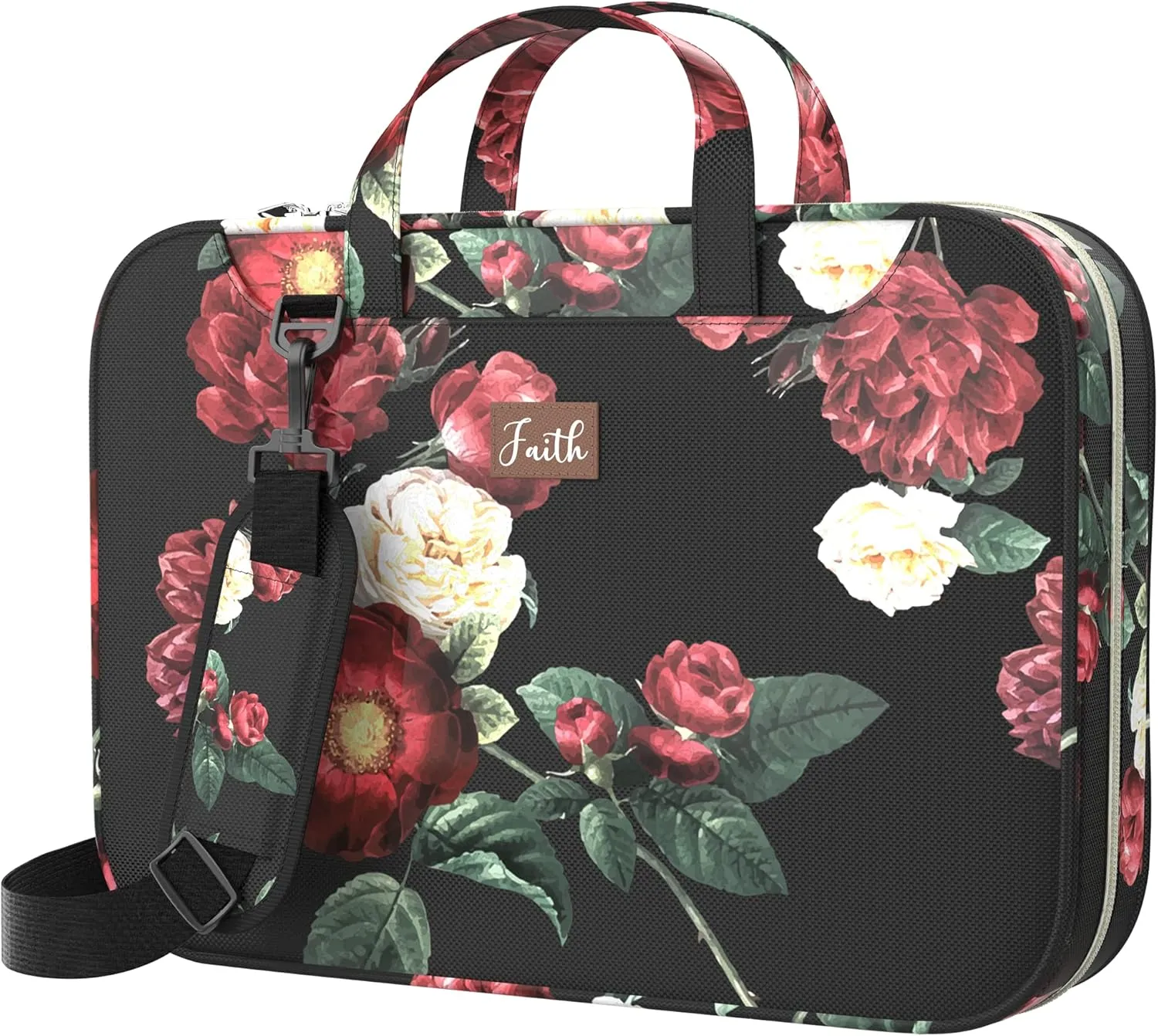 DEHITE Bible Bags for Women – Floral Black Bible Carrying Case – Tote Bag Extra Large – Book Size 11.4 x 8.85 x 1.9 in – Pen Slot – Zippered Pocket – Shoulder Strap – Premium Fabric – Christian Gift