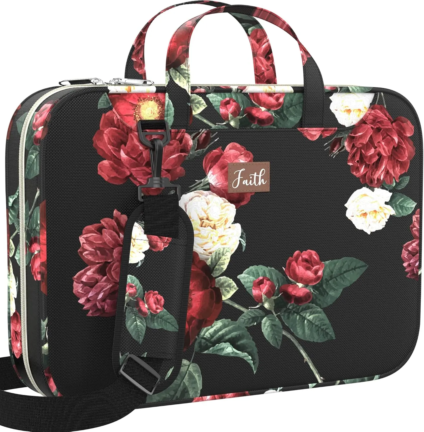 DEHITE Bible Bags for Women – Floral Black Bible Carrying Case – Tote Bag Extra Large – Book Size 11.4 x 8.85 x 1.9 in – Pen Slot – Zippered Pocket – Shoulder Strap – Premium Fabric – Christian Gift