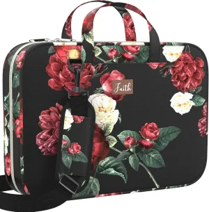DEHITE Bible Bags for Women – Floral Black Bible Carrying Case – Tote Bag Extra Large – Book Size 11.4 x 8.85 x 1.9 in – Pen Slot – Zippered Pocket – Shoulder Strap – Premium Fabric – Christian Gift