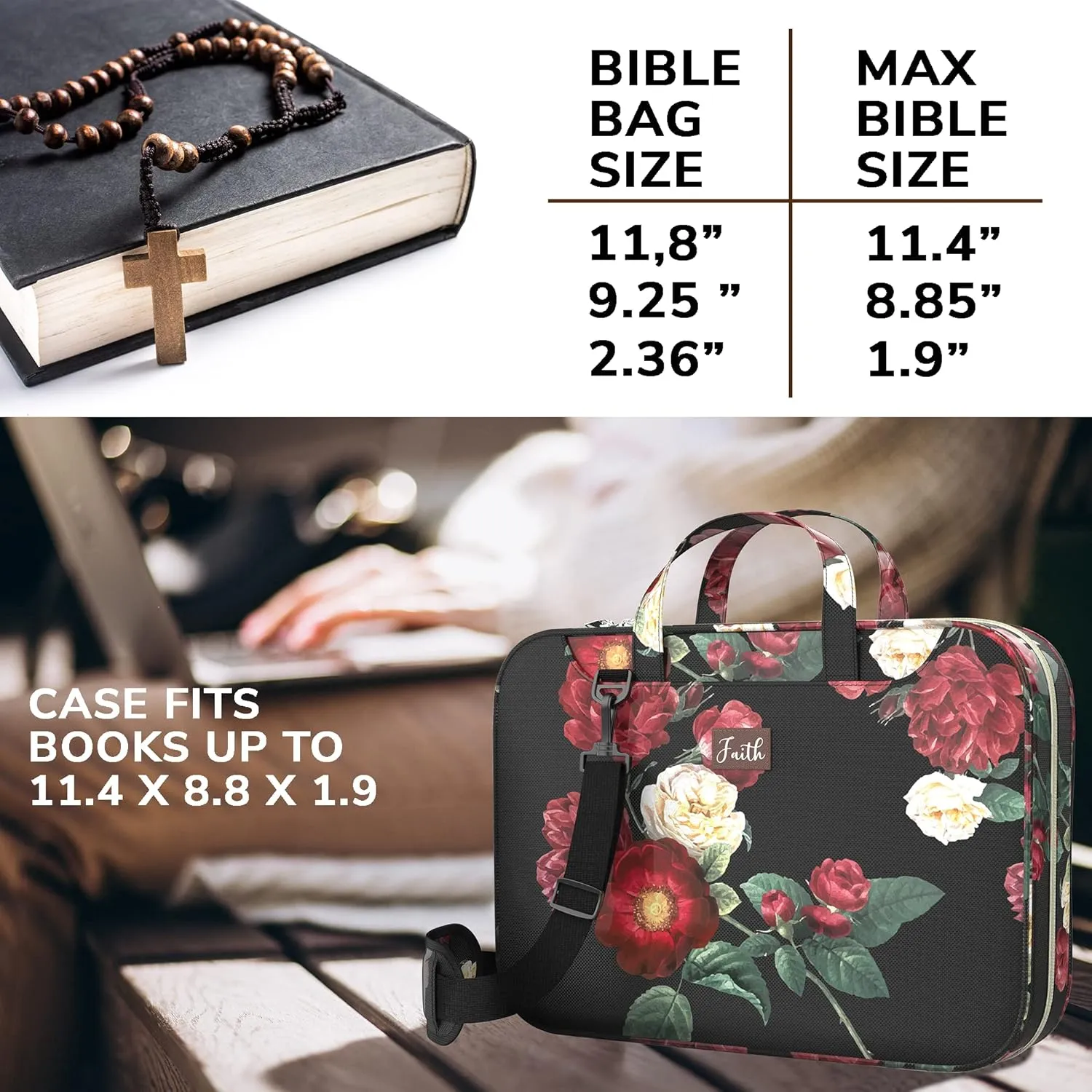DEHITE Bible Bags for Women – Floral Black Bible Carrying Case – Tote Bag Extra Large – Book Size 11.4 x 8.85 x 1.9 in – Pen Slot – Zippered Pocket – Shoulder Strap – Premium Fabric – Christian Gift