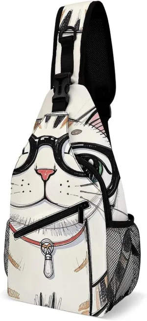 Design Hipster Cat Kitten Glasses Crossbody Bags Mini Sling Bag Fanny Chest Bag Travel Daypack Sling Backpack for Men Women