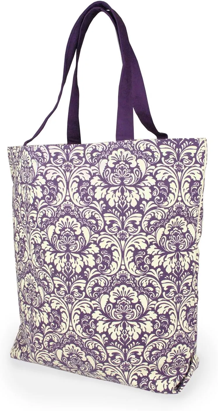 DII CAMZ33546 100% Cotton, Machine Washable Heavy Duty Canvas Reusable Shopping Tote Bag, Natural and Eggplant Damask, Set of 3