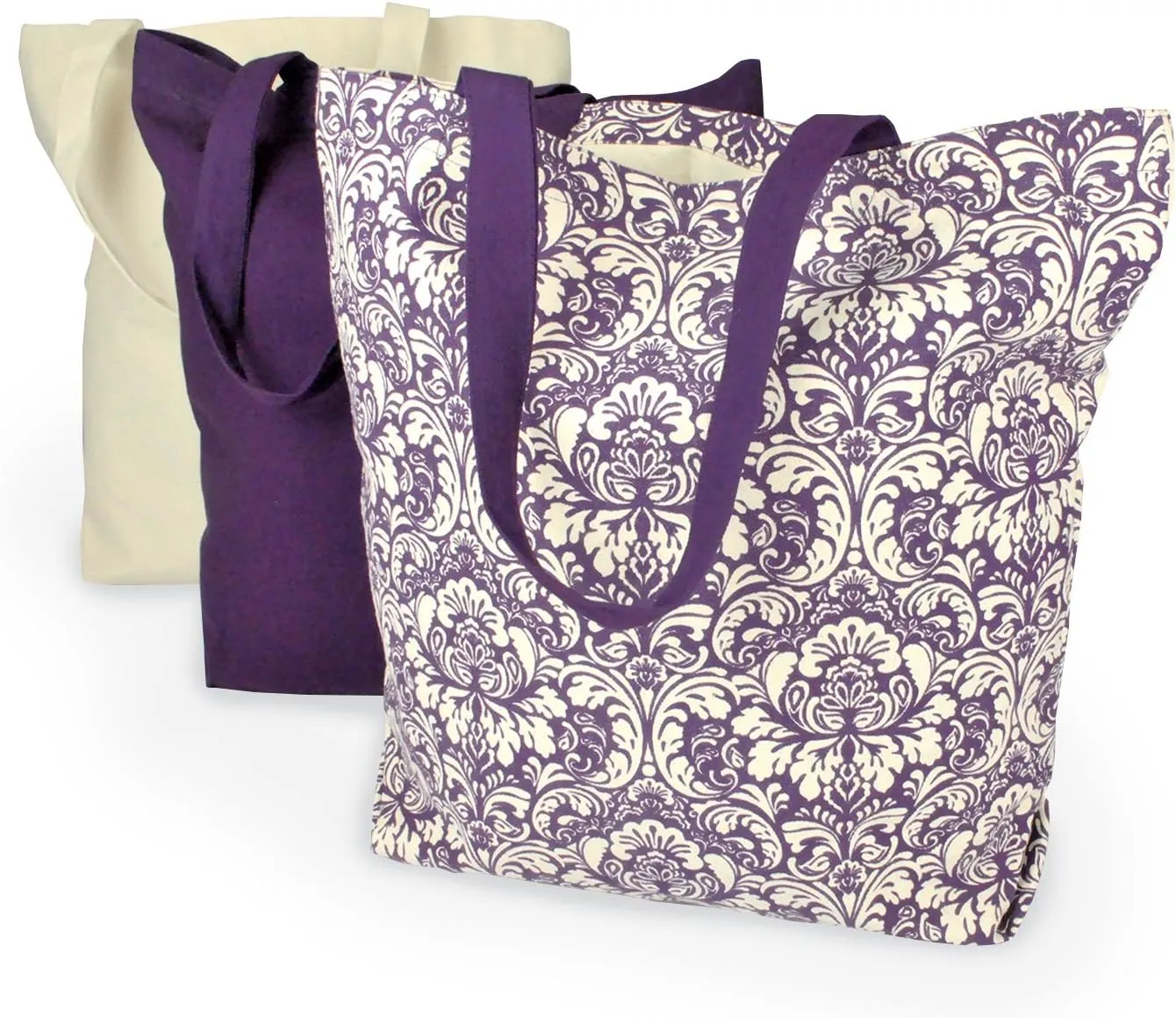 DII CAMZ33546 100% Cotton, Machine Washable Heavy Duty Canvas Reusable Shopping Tote Bag, Natural and Eggplant Damask, Set of 3