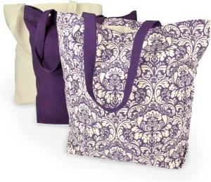 DII CAMZ33546 100% Cotton, Machine Washable Heavy Duty Canvas Reusable Shopping Tote Bag, Natural and Eggplant Damask, Set of 3