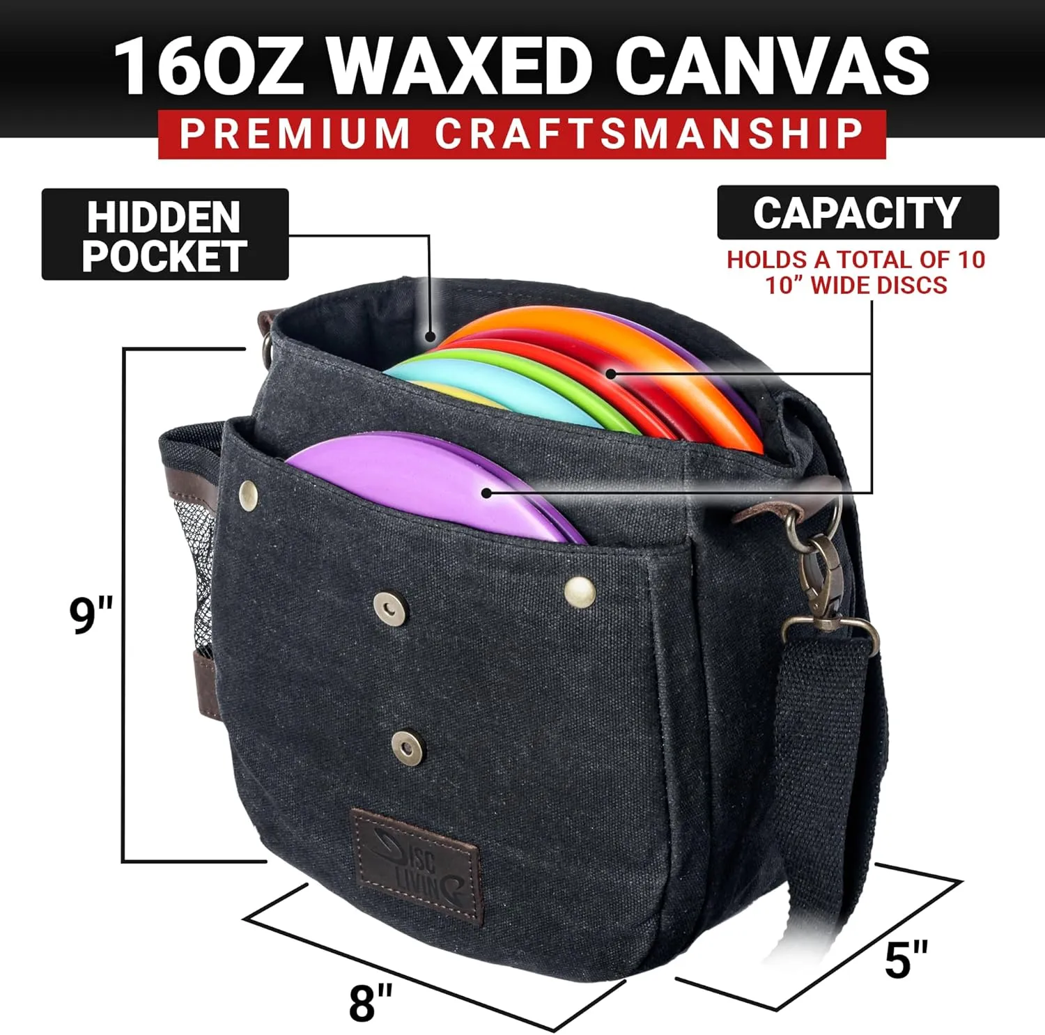 Disc Golf Bag | Frisbee Golf Bag | Easy to Carry | Lightweight Fits Up to 10 Discs | 16 oz Waxed Canvas Sturdy Design | Belt Loop | Double Button Design | Bottle Holder