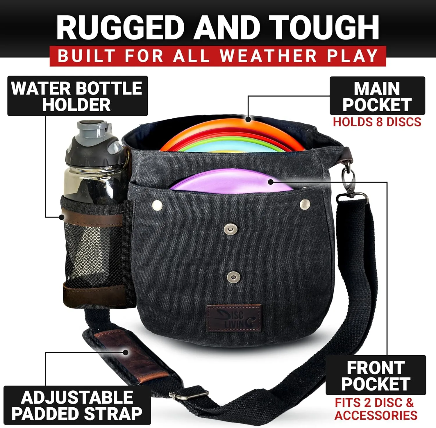 Disc Golf Bag | Frisbee Golf Bag | Easy to Carry | Lightweight Fits Up to 10 Discs | 16 oz Waxed Canvas Sturdy Design | Belt Loop | Double Button Design | Bottle Holder