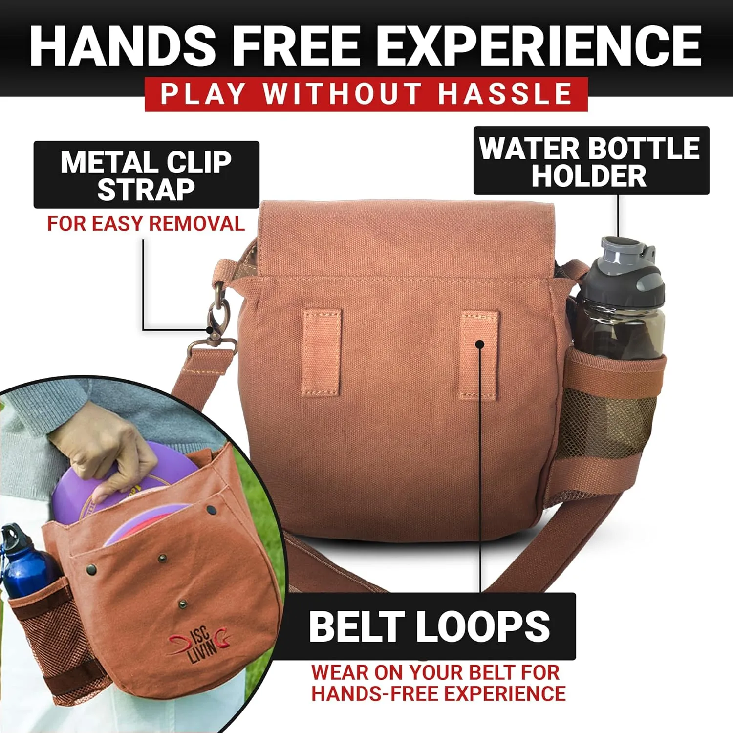 Disc Golf Bag | Frisbee Golf Bag | Easy to Carry | Lightweight Fits Up to 10 Discs | 16 oz Waxed Canvas Sturdy Design | Belt Loop | Double Button Design | Bottle Holder