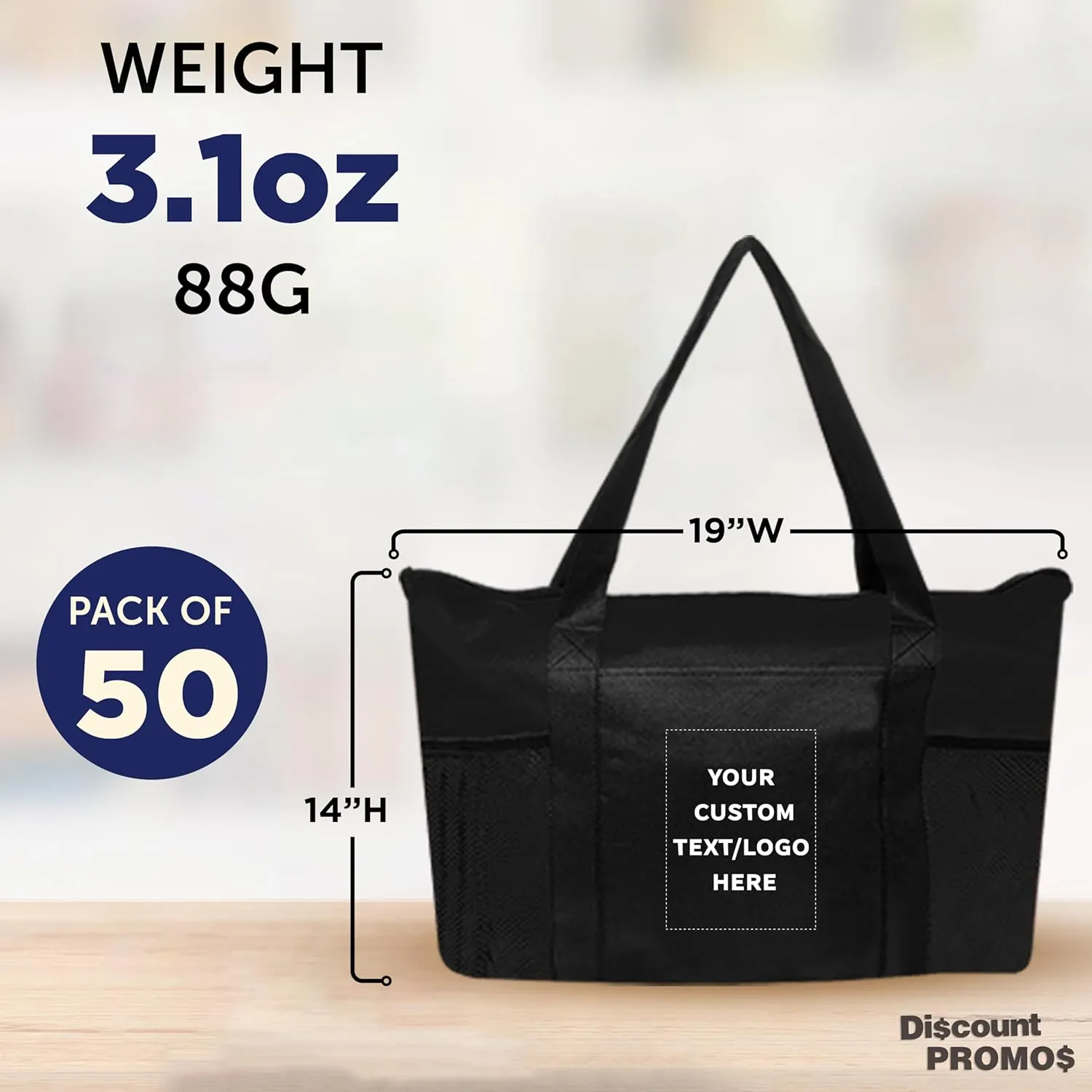 DISCOUNT PROMOS 50 Zippered Non-Woven Tote Bags Set - Customizable Text, Logo - Mesh Pocket, Zippered, Recyclable, Reusable - Black - 19"X14"X3", with Zipper