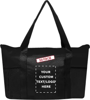 DISCOUNT PROMOS 50 Zippered Non-Woven Tote Bags Set - Customizable Text, Logo - Mesh Pocket, Zippered, Recyclable, Reusable - Black - 19"X14"X3", with Zipper