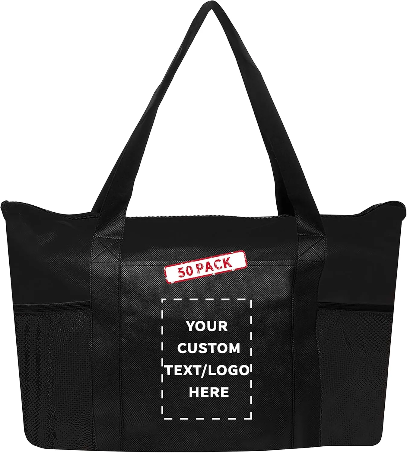 DISCOUNT PROMOS 50 Zippered Non-Woven Tote Bags Set - Customizable Text, Logo - Mesh Pocket, Zippered, Recyclable, Reusable - Black - 19"X14"X3", with Zipper