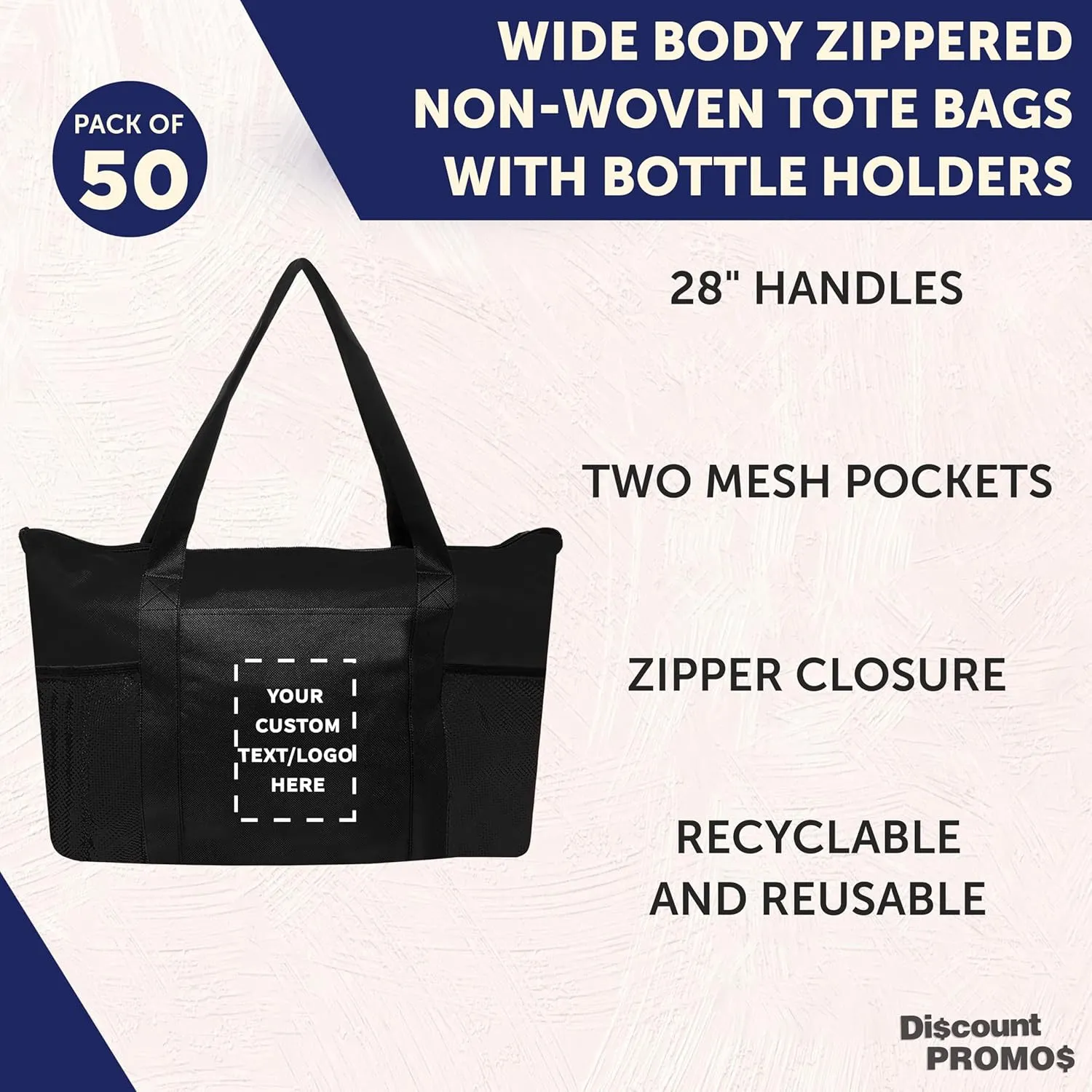 DISCOUNT PROMOS 50 Zippered Non-Woven Tote Bags Set - Customizable Text, Logo - Mesh Pocket, Zippered, Recyclable, Reusable - Black - 19"X14"X3", with Zipper
