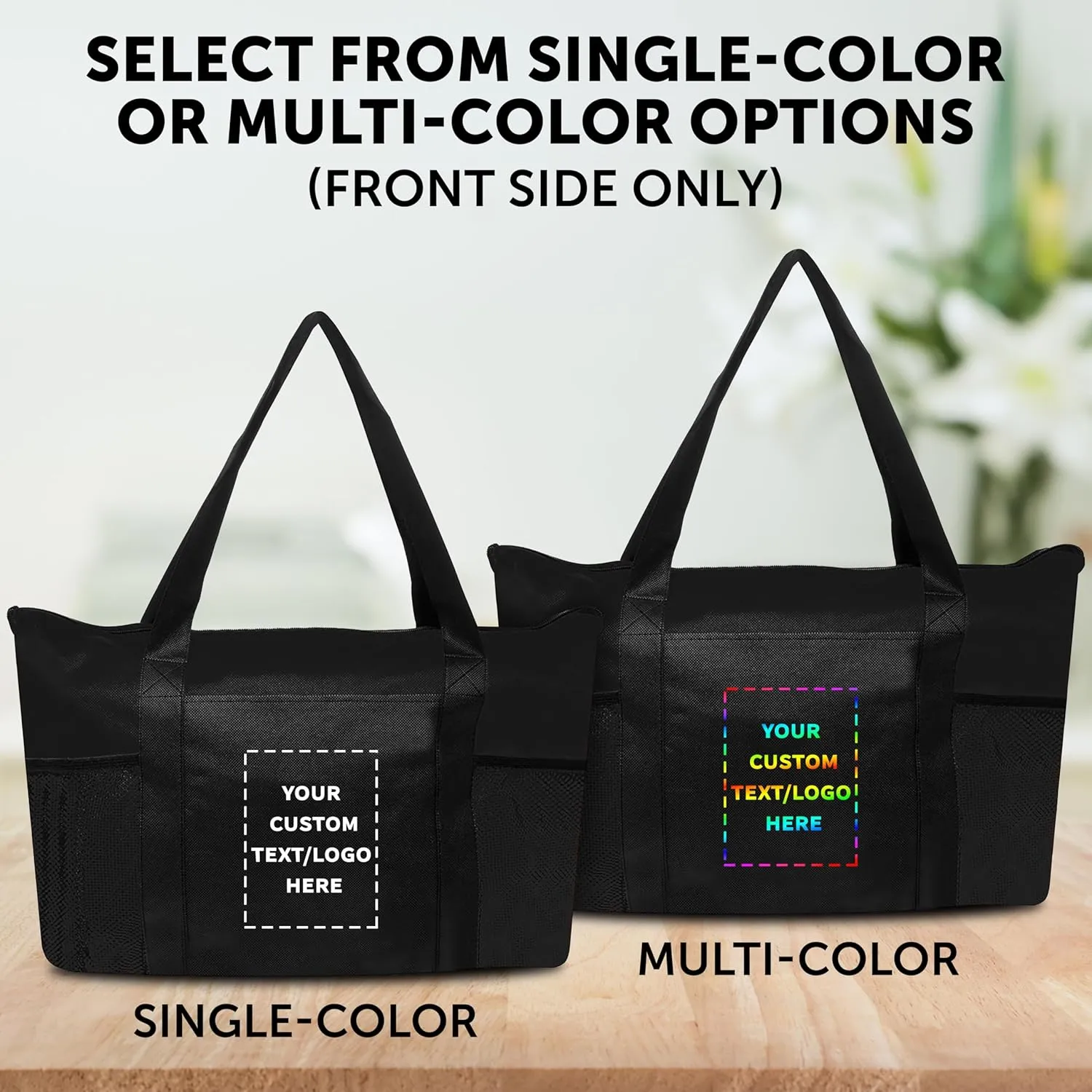 DISCOUNT PROMOS 50 Zippered Non-Woven Tote Bags Set - Customizable Text, Logo - Mesh Pocket, Zippered, Recyclable, Reusable - Black - 19"X14"X3", with Zipper