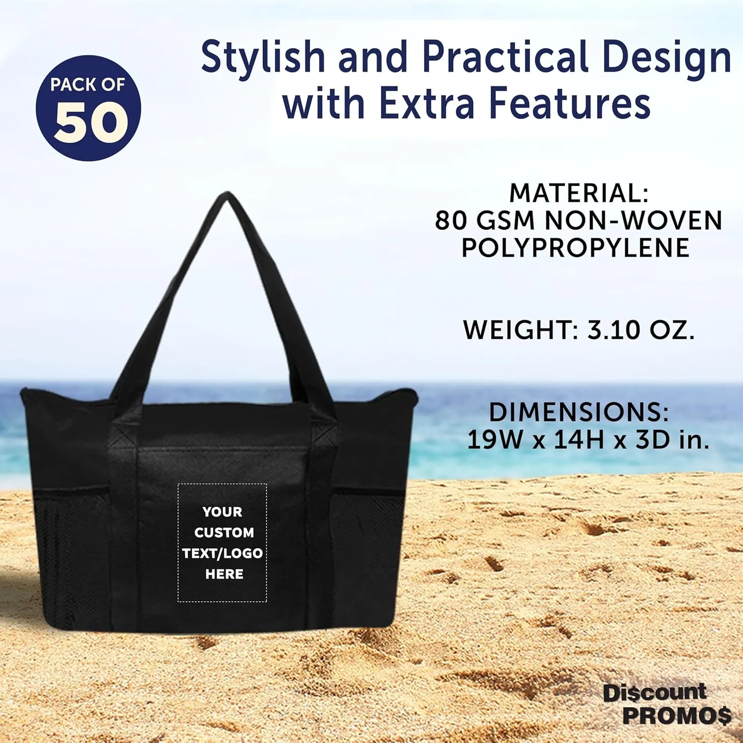 DISCOUNT PROMOS 50 Zippered Non-Woven Tote Bags Set - Customizable Text, Logo - Mesh Pocket, Zippered, Recyclable, Reusable - Black - 19"X14"X3", with Zipper
