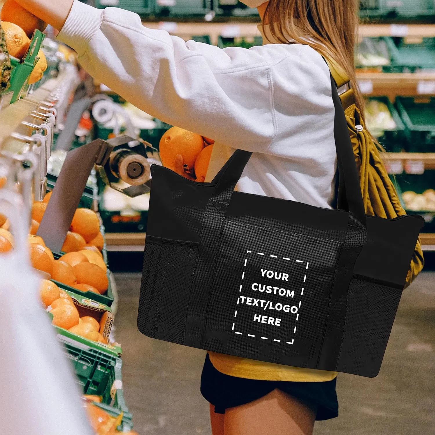 DISCOUNT PROMOS 50 Zippered Non-Woven Tote Bags Set - Customizable Text, Logo - Mesh Pocket, Zippered, Recyclable, Reusable - Black - 19"X14"X3", with Zipper