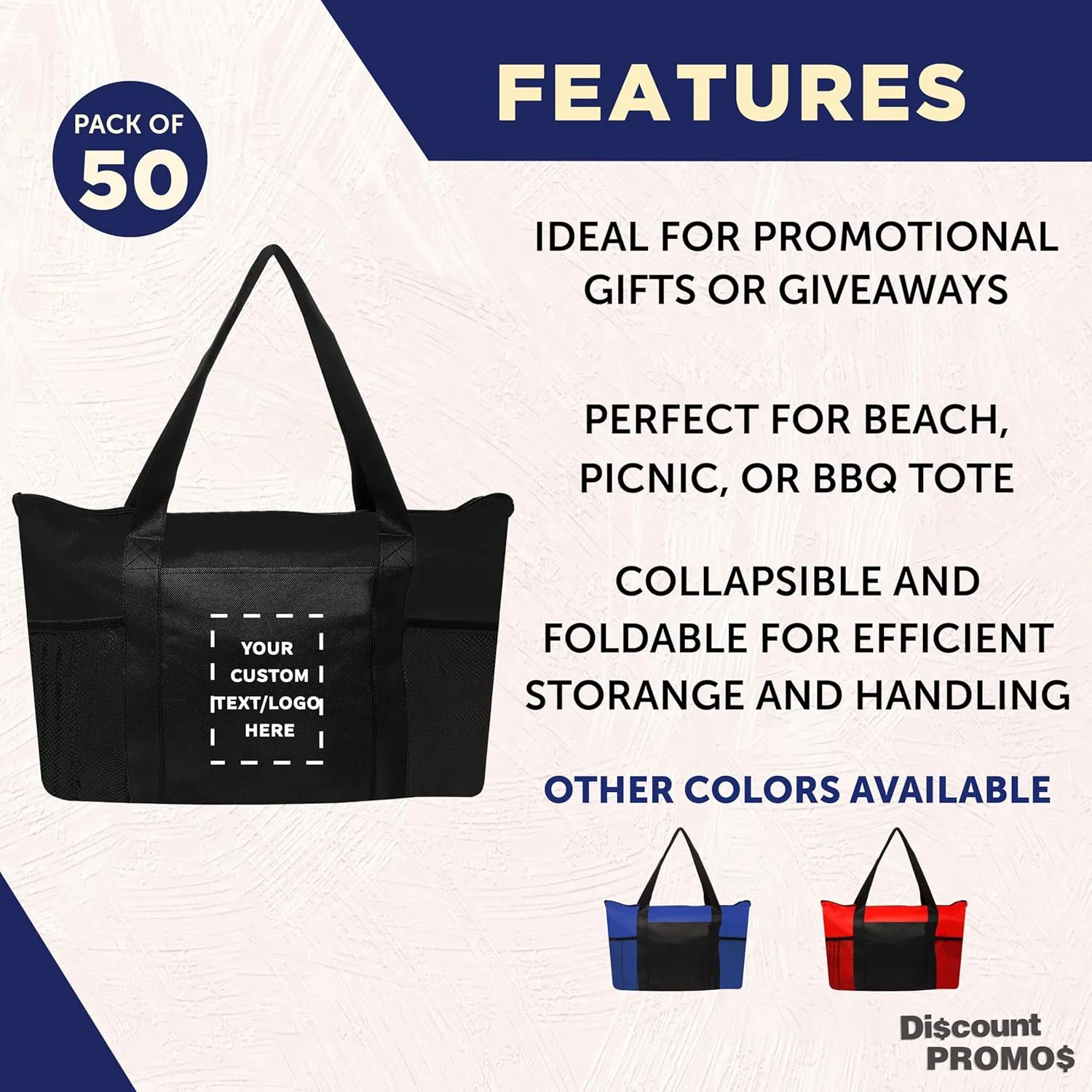 DISCOUNT PROMOS 50 Zippered Non-Woven Tote Bags Set - Customizable Text, Logo - Mesh Pocket, Zippered, Recyclable, Reusable - Black - 19"X14"X3", with Zipper