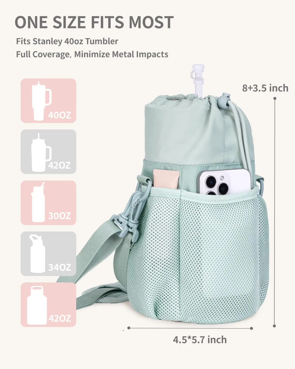 ECOHUB Water Bottle Holder with Strap, Full Coverage Stanley Cup 40/30 oz Tumbler, Insulated Water Bottle Carrier Bag with Back Safety Pocket, Crossbody Sling with Handle for Walking, Patent Pending