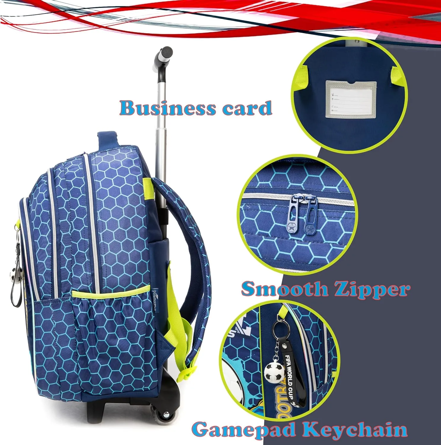 Egchescebo Kids Football Rolling Backpack for Boys Suitcases Trolley Backpacks with Wheels 17” 3pcs Roller Luggage Backpacks with Lunch Box Pencil Case for Elementary Boy Travel Soccer school Bag Blue