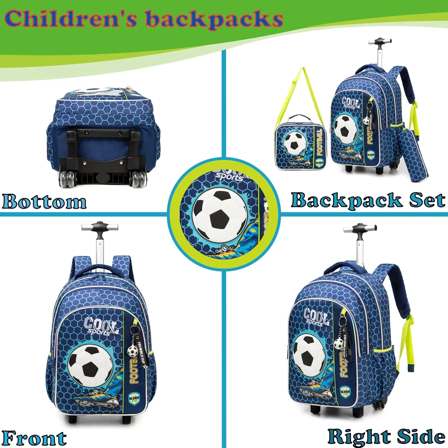Egchescebo Kids Football Rolling Backpack for Boys Suitcases Trolley Backpacks with Wheels 17” 3pcs Roller Luggage Backpacks with Lunch Box Pencil Case for Elementary Boy Travel Soccer school Bag Blue