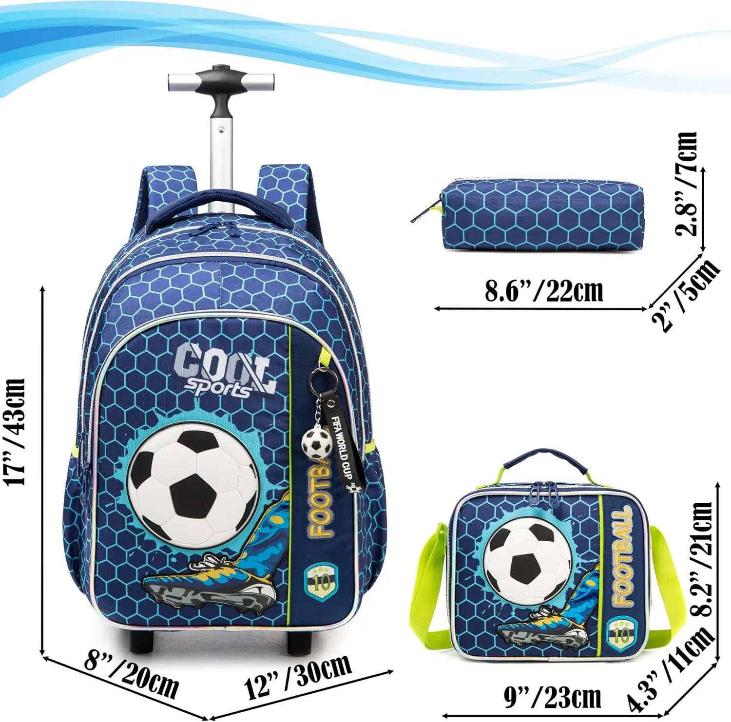 Egchescebo Kids Football Rolling Backpack for Boys Suitcases Trolley Backpacks with Wheels 17” 3pcs Roller Luggage Backpacks with Lunch Box Pencil Case for Elementary Boy Travel Soccer school Bag Blue