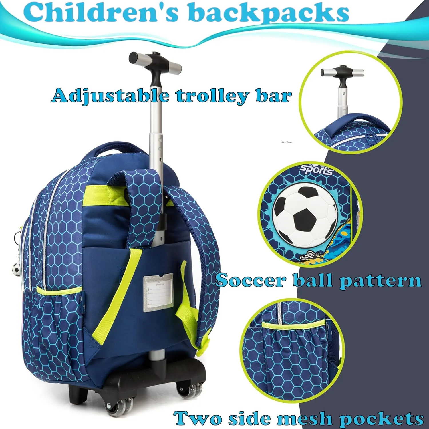 Egchescebo Kids Football Rolling Backpack for Boys Suitcases Trolley Backpacks with Wheels 17” 3pcs Roller Luggage Backpacks with Lunch Box Pencil Case for Elementary Boy Travel Soccer school Bag Blue