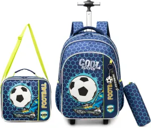 Egchescebo Kids Football Rolling Backpack for Boys Suitcases Trolley Backpacks with Wheels 17” 3pcs Roller Luggage Backpacks with Lunch Box Pencil Case for Elementary Boy Travel Soccer school Bag Blue