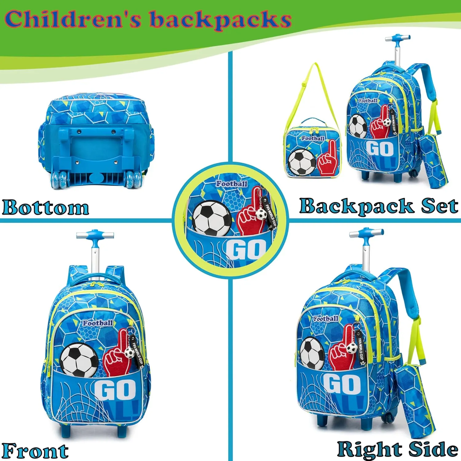 Egchescebo Kids Football Rolling Backpack for Boys Suitcases Trolley Backpacks with Wheels 17” Roller Luggage Backpacks with Lunch Box Pencil Case for Elementary Boy 3pcs Travel Soccer school Bag Blue