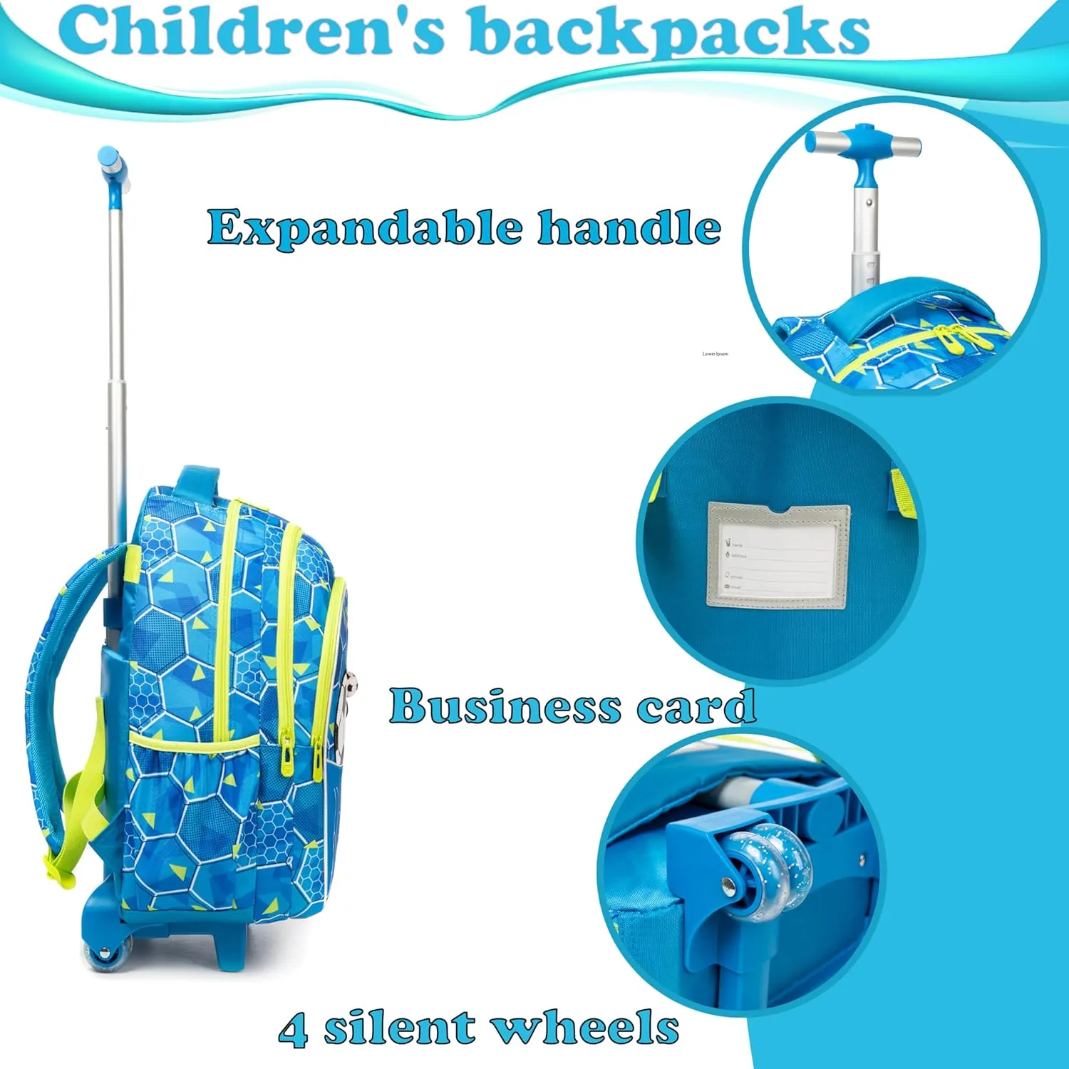 Egchescebo Kids Football Rolling Backpack for Boys Suitcases Trolley Backpacks with Wheels 17” Roller Luggage Backpacks with Lunch Box Pencil Case for Elementary Boy 3pcs Travel Soccer school Bag Blue