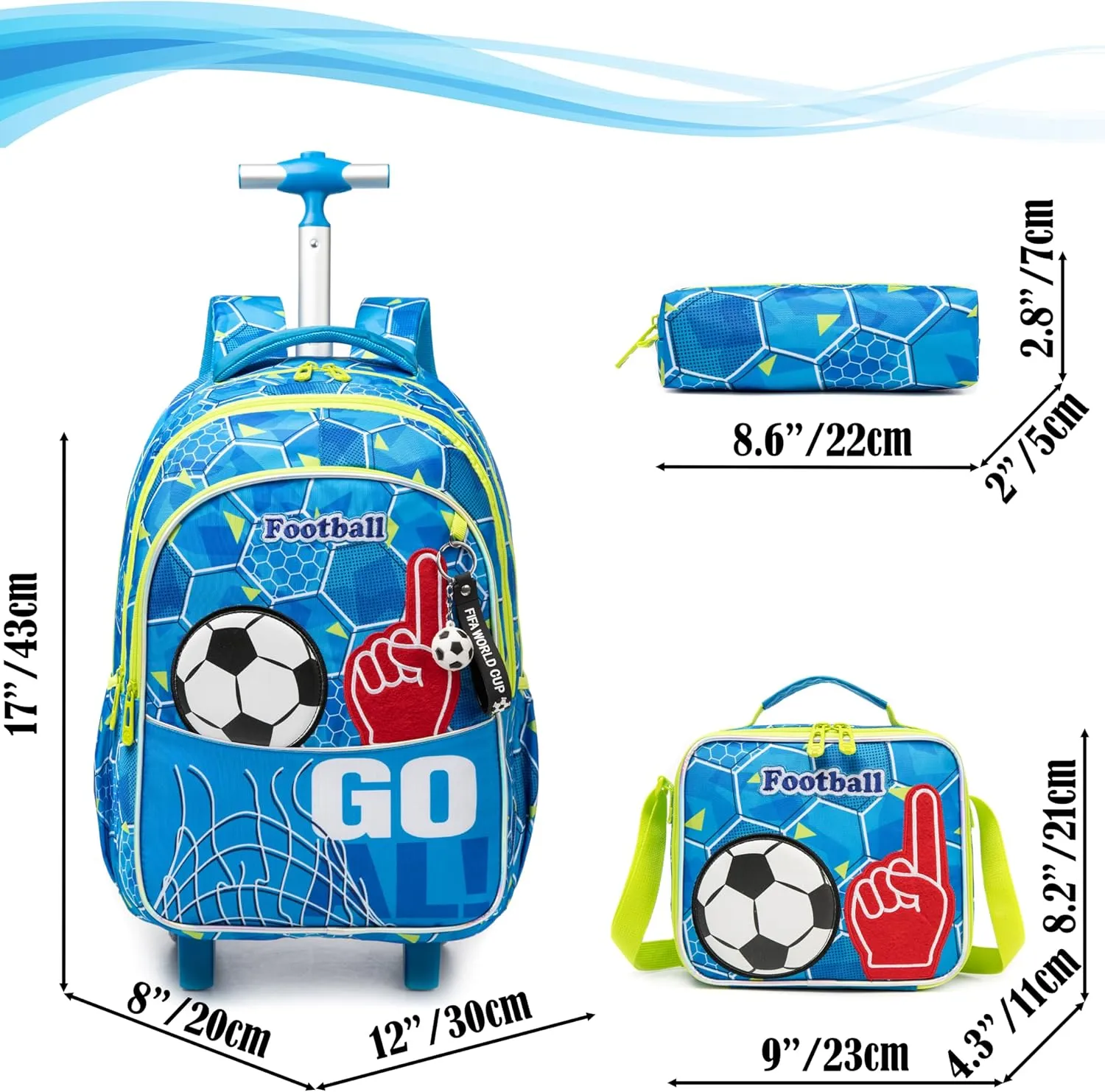 Egchescebo Kids Football Rolling Backpack for Boys Suitcases Trolley Backpacks with Wheels 17” Roller Luggage Backpacks with Lunch Box Pencil Case for Elementary Boy 3pcs Travel Soccer school Bag Blue