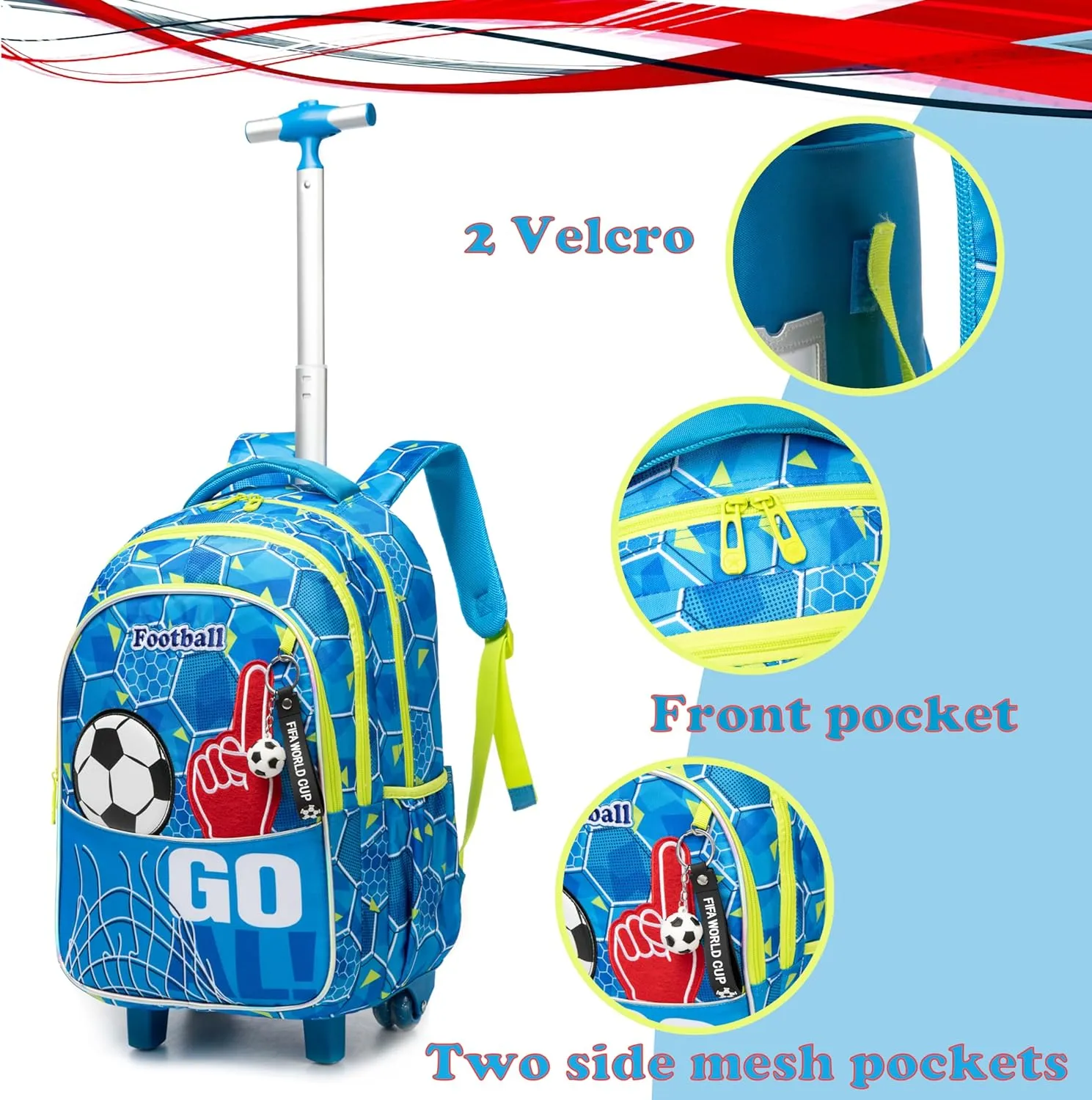 Egchescebo Kids Football Rolling Backpack for Boys Suitcases Trolley Backpacks with Wheels 17” Roller Luggage Backpacks with Lunch Box Pencil Case for Elementary Boy 3pcs Travel Soccer school Bag Blue
