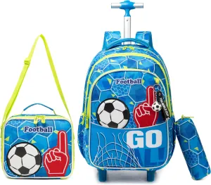 Egchescebo Kids Football Rolling Backpack for Boys Suitcases Trolley Backpacks with Wheels 17” Roller Luggage Backpacks with Lunch Box Pencil Case for Elementary Boy 3pcs Travel Soccer school Bag Blue