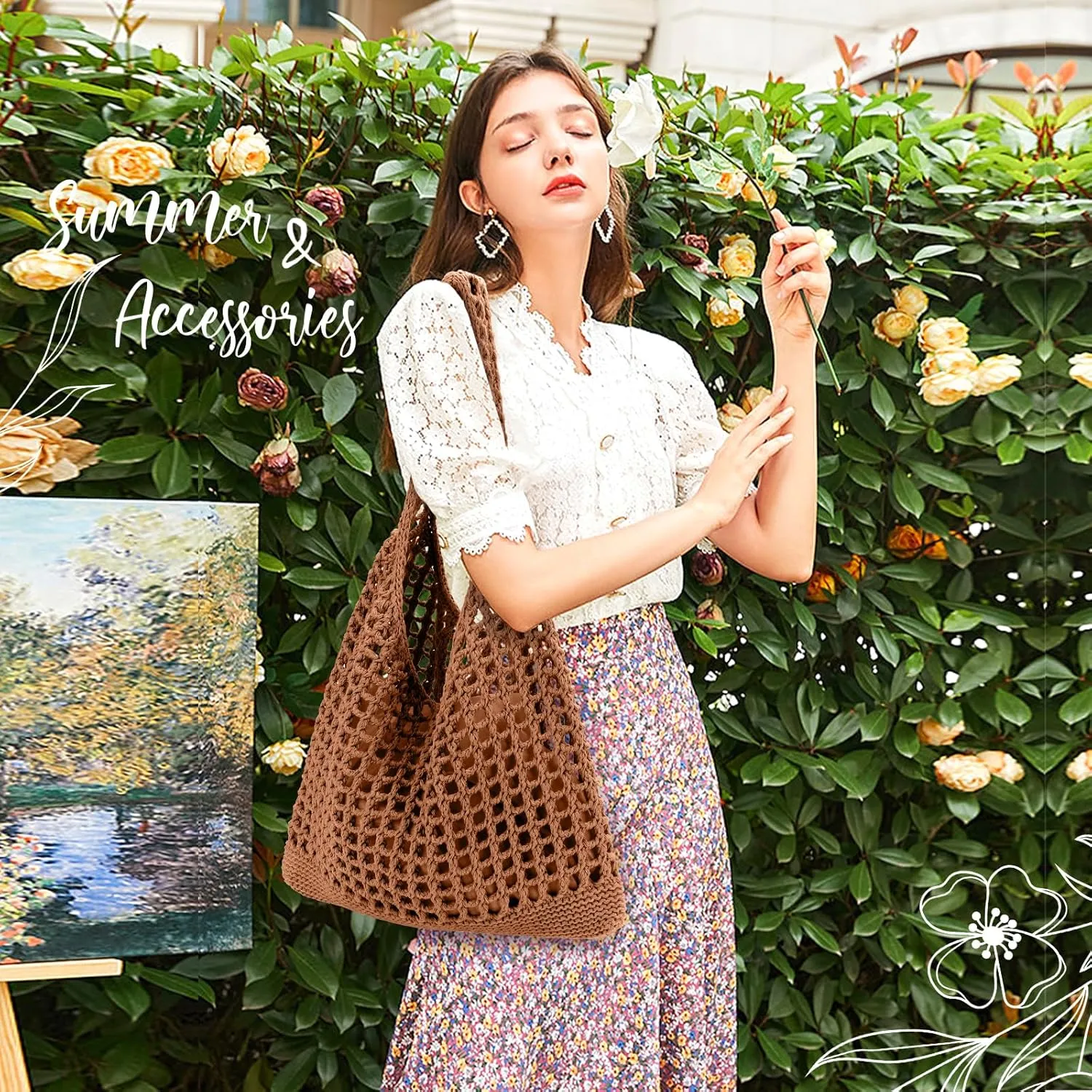 EIMMBD Crochet Bags for Women Beach Totes Bags Aesthetic Summer Tote Shoulder Hippie Bag Knit Bag