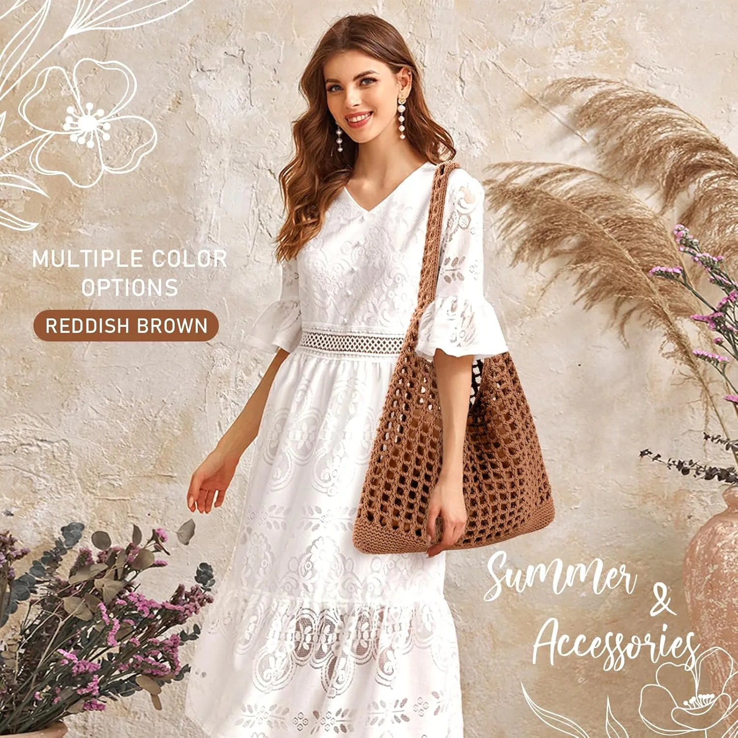 EIMMBD Crochet Bags for Women Beach Totes Bags Aesthetic Summer Tote Shoulder Hippie Bag Knit Bag
