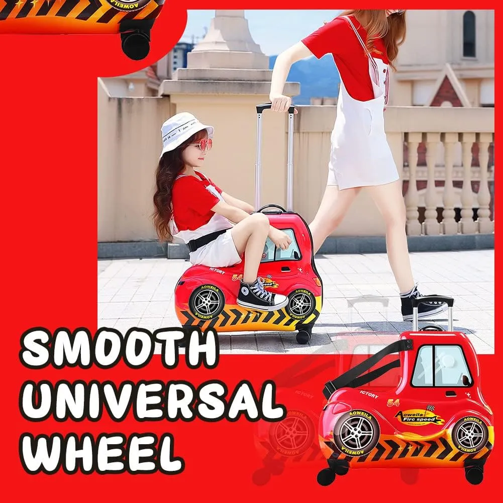 Eing Children's Ride-On Travel Suitcase, Rolling Kid's Luggage with Wheels, Cute Funny Ride On Trolley Luggage, 24 Inch (Red Car)