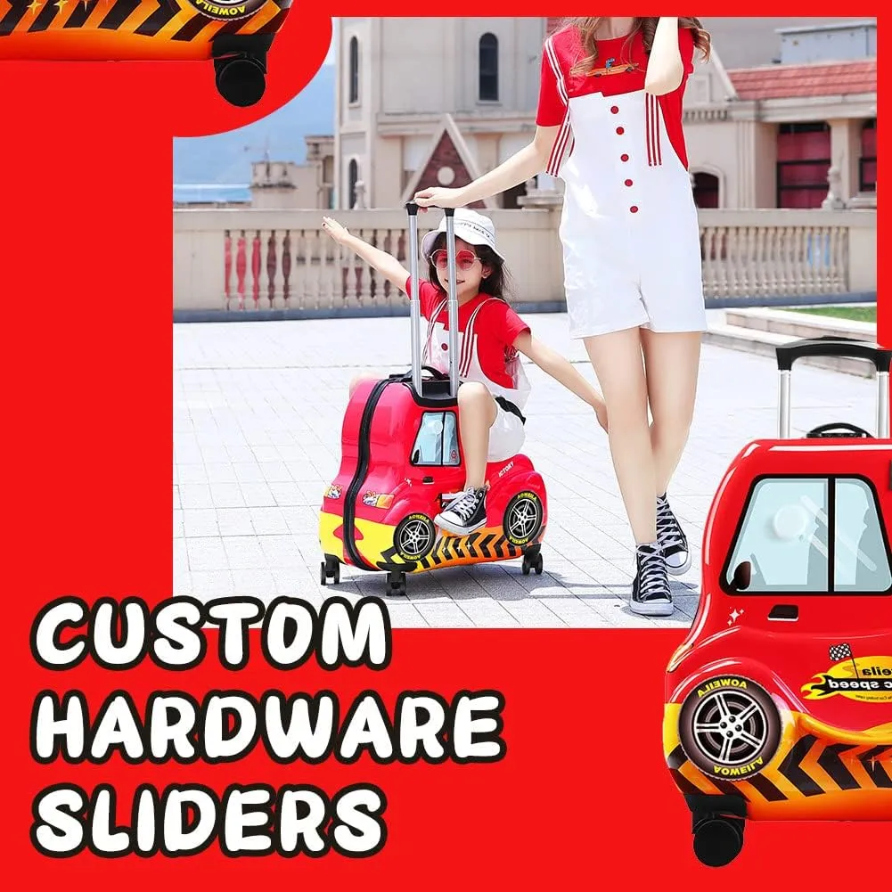 Eing Children's Ride-On Travel Suitcase, Rolling Kid's Luggage with Wheels, Cute Funny Ride On Trolley Luggage, 24 Inch (Red Car)