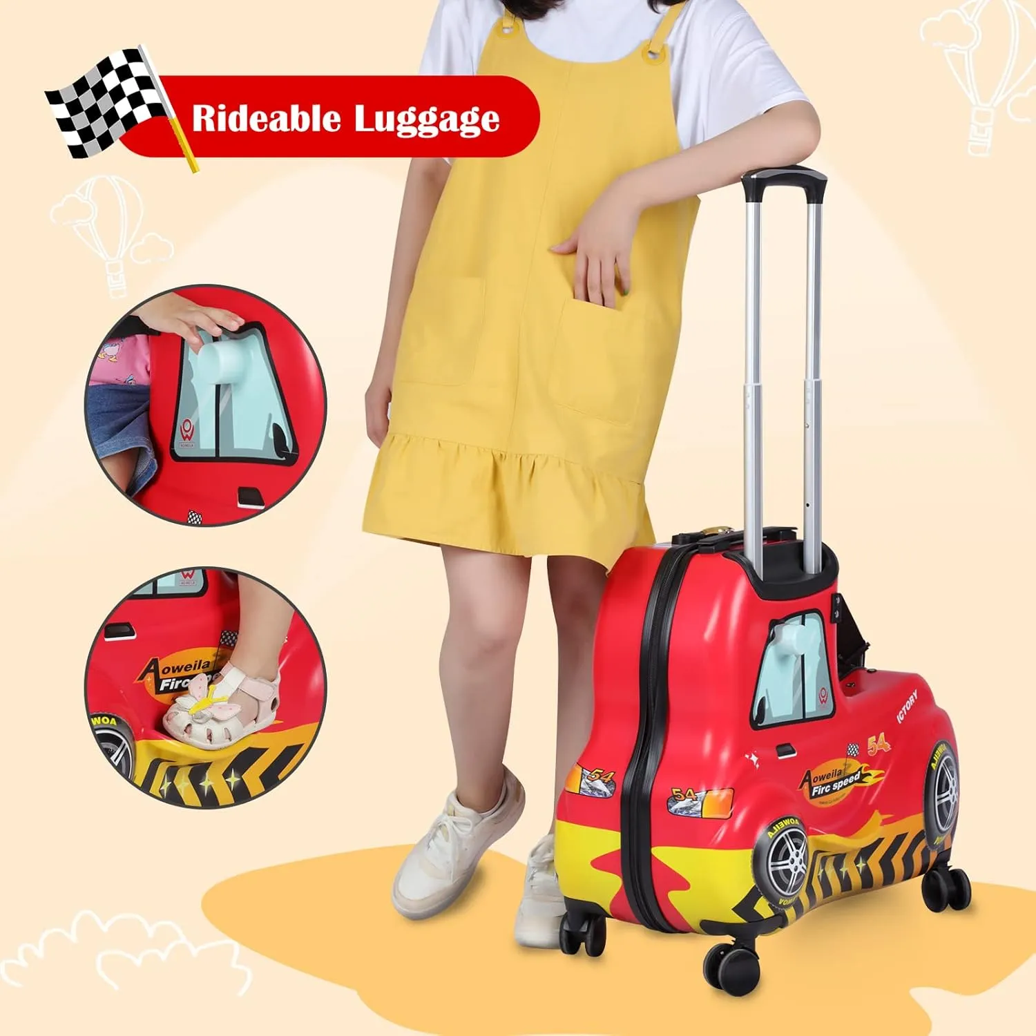 Eing Children's Ride-On Travel Suitcase, Rolling Kid's Luggage with Wheels, Cute Funny Ride On Trolley Luggage, 24 Inch (Red Car)