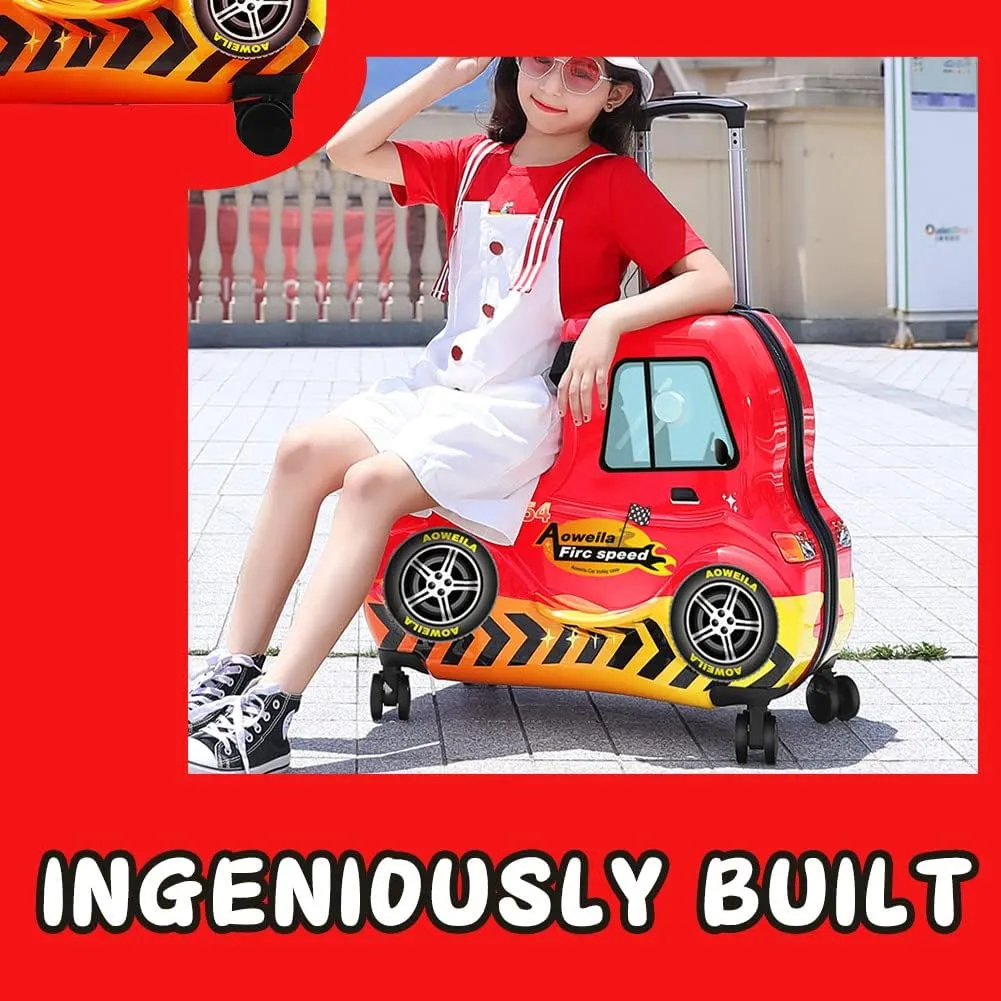 Eing Children's Ride-On Travel Suitcase, Rolling Kid's Luggage with Wheels, Cute Funny Ride On Trolley Luggage, 24 Inch (Red Car)