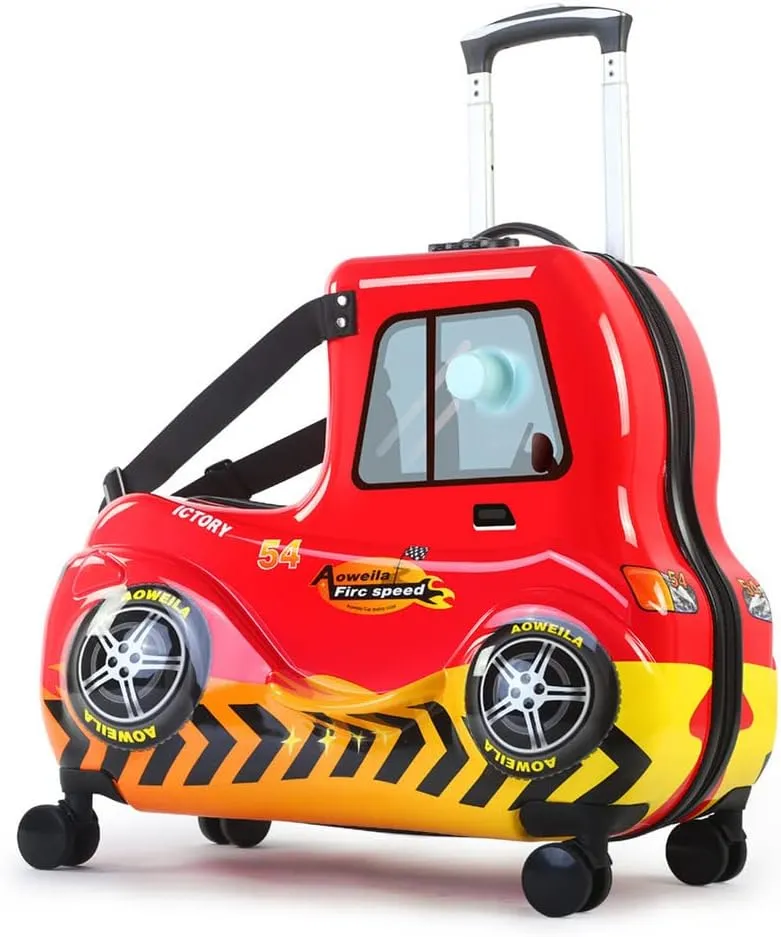 Eing Children's Ride-On Travel Suitcase, Rolling Kid's Luggage with Wheels, Cute Funny Ride On Trolley Luggage, 24 Inch (Red Car)