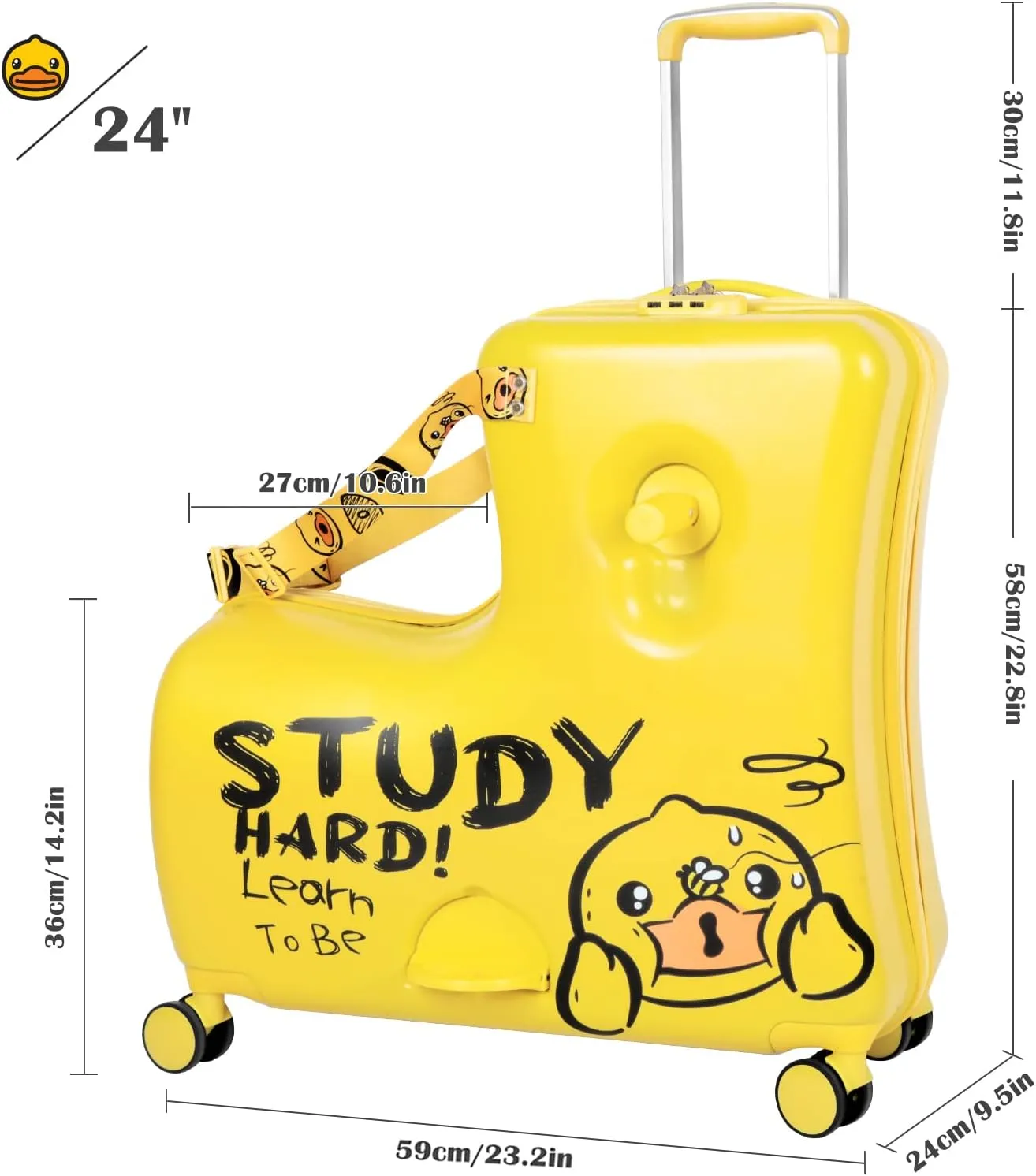 Eing Children's Ride-On Travel Suitcase, Rolling Kid's Trolley Luggage with Wheels, Cute Funny Ride On Trolley, 24 Inch (Yellow Bee)