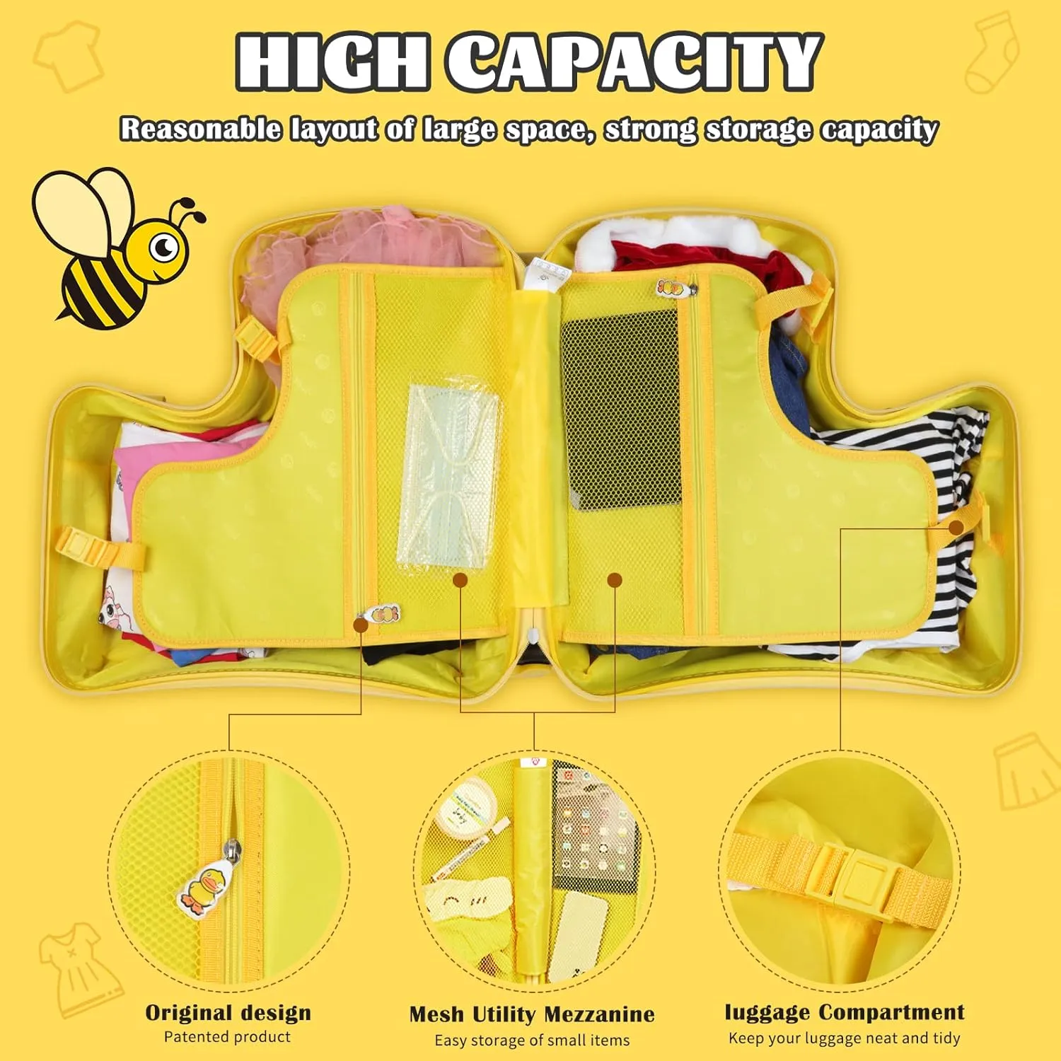Eing Children's Ride-On Travel Suitcase, Rolling Kid's Trolley Luggage with Wheels, Cute Funny Ride On Trolley, 24 Inch (Yellow Bee)