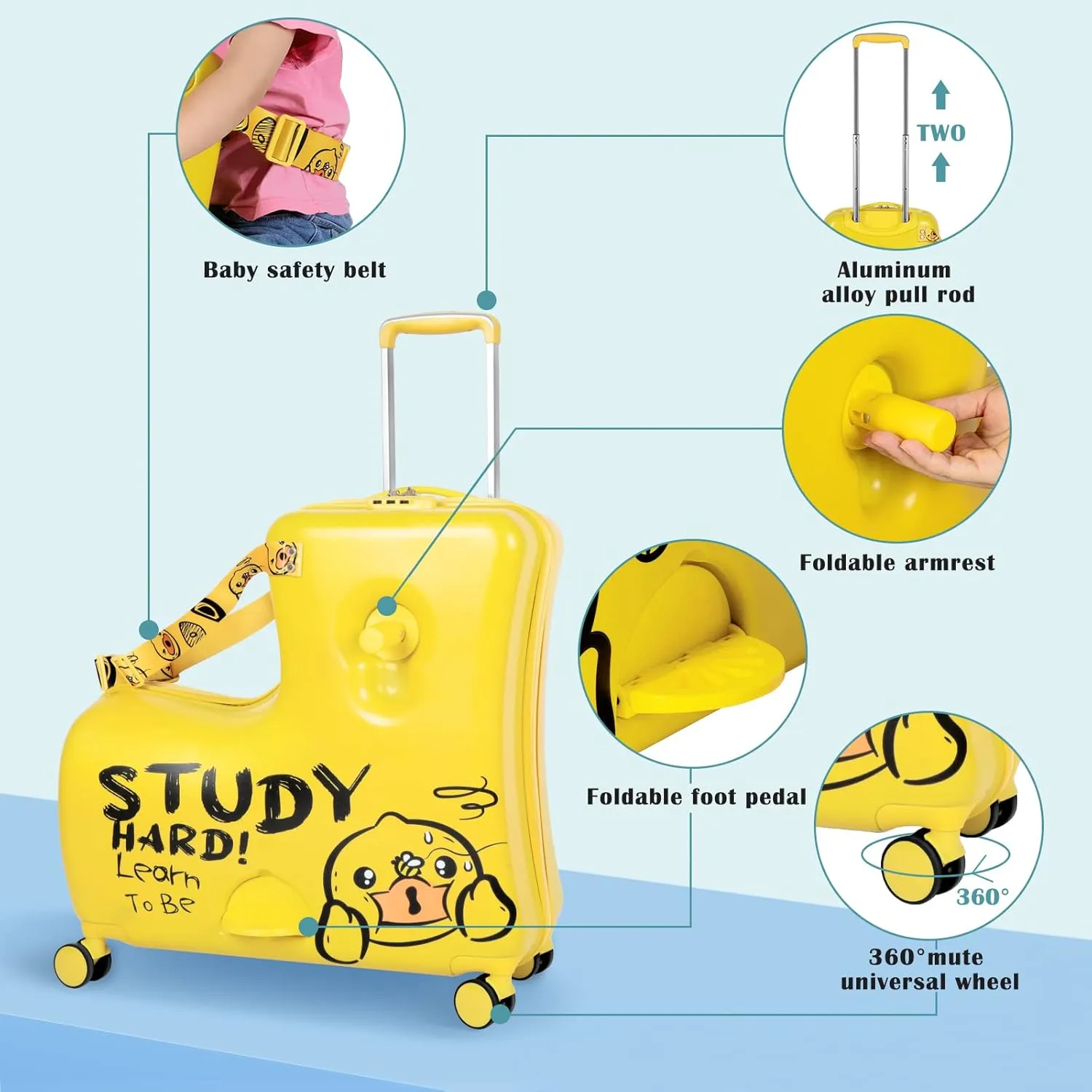 Eing Children's Ride-On Travel Suitcase, Rolling Kid's Trolley Luggage with Wheels, Cute Funny Ride On Trolley, 24 Inch (Yellow Bee)