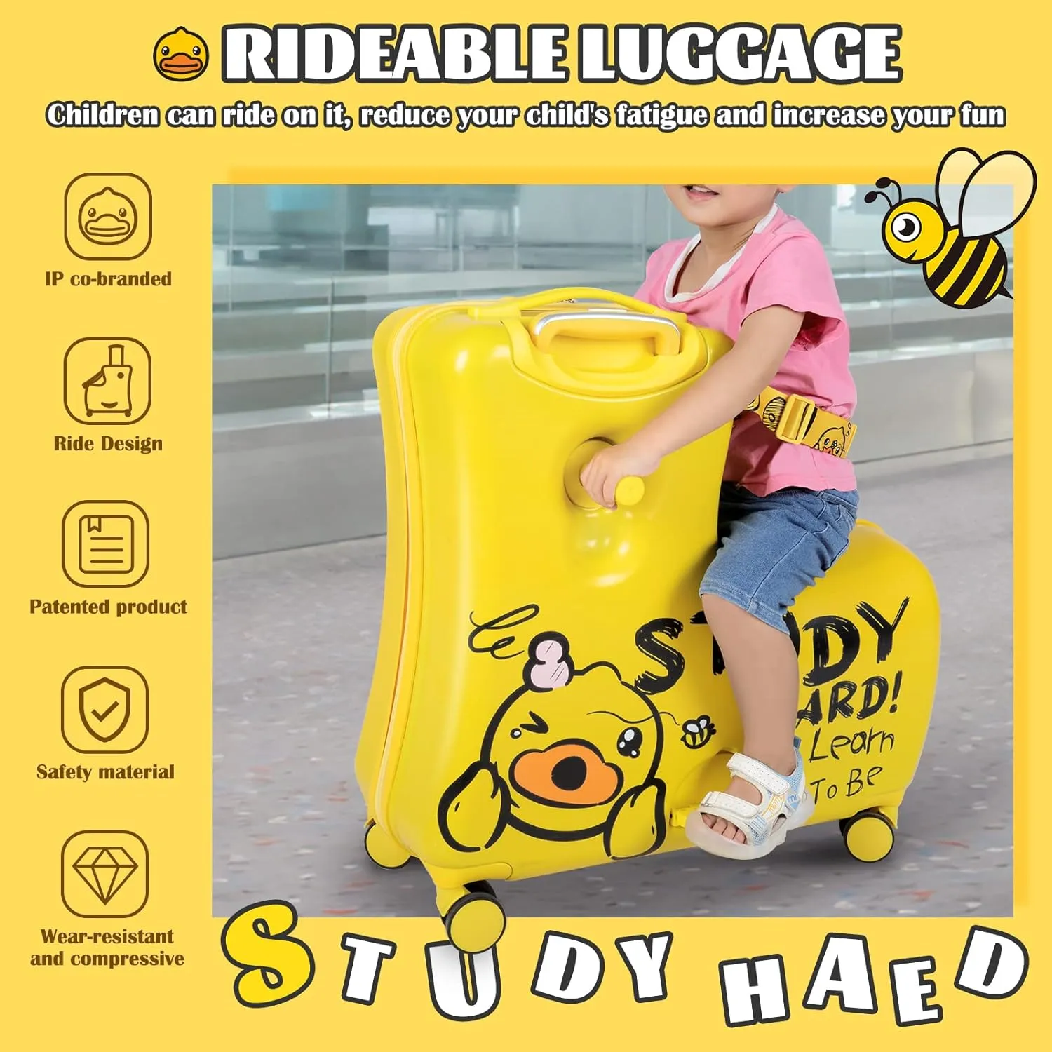 Eing Children's Ride-On Travel Suitcase, Rolling Kid's Trolley Luggage with Wheels, Cute Funny Ride On Trolley, 24 Inch (Yellow Bee)