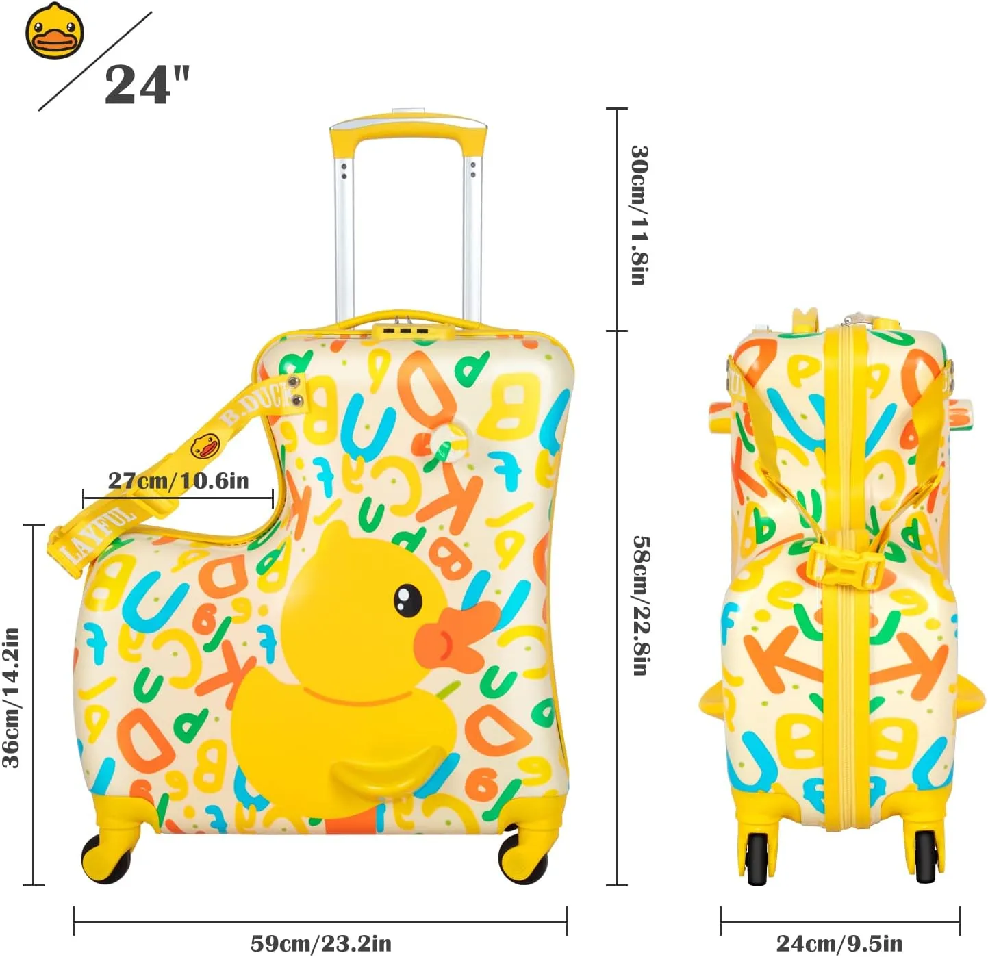 eing Children's Ride-On Travel Suitcase,Travel Rolling Kid's Luggage with Wheels Carry Trolley Luggages with Password Lock,Cute Funny Children's Ride On Trolley Tool,24 Inch (Yellow Letter)