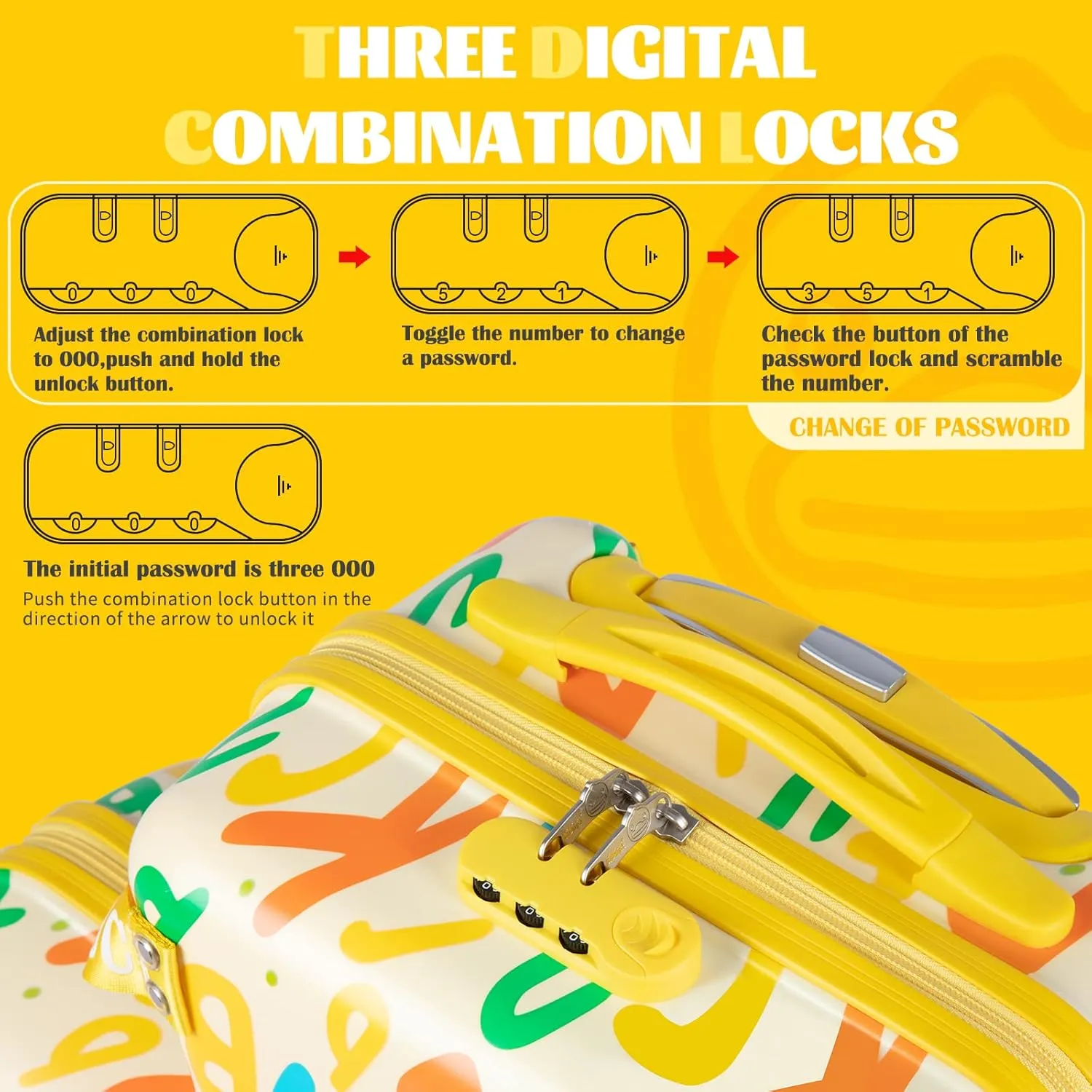 eing Children's Ride-On Travel Suitcase,Travel Rolling Kid's Luggage with Wheels Carry Trolley Luggages with Password Lock,Cute Funny Children's Ride On Trolley Tool,24 Inch (Yellow Letter)