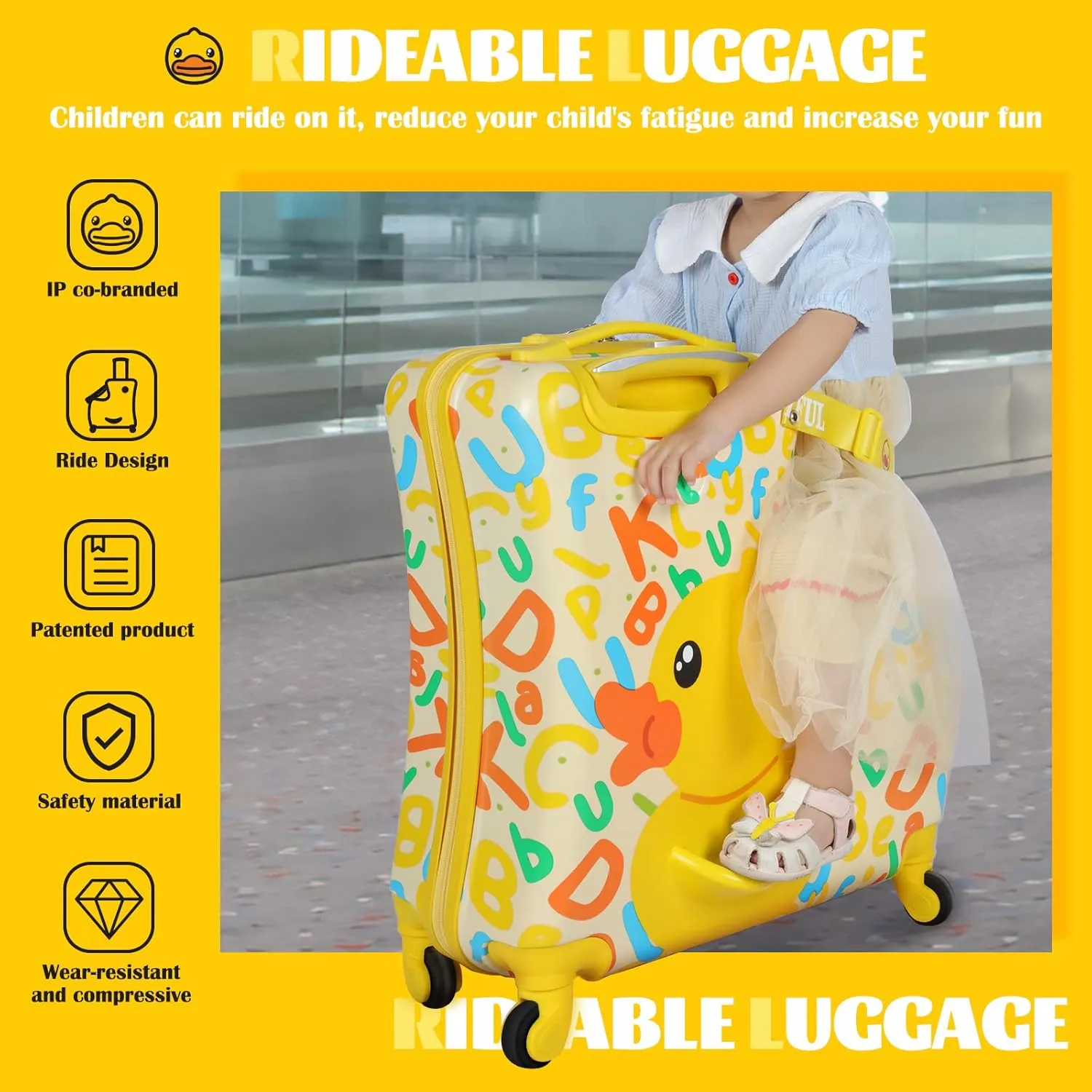 eing Children's Ride-On Travel Suitcase,Travel Rolling Kid's Luggage with Wheels Carry Trolley Luggages with Password Lock,Cute Funny Children's Ride On Trolley Tool,24 Inch (Yellow Letter)