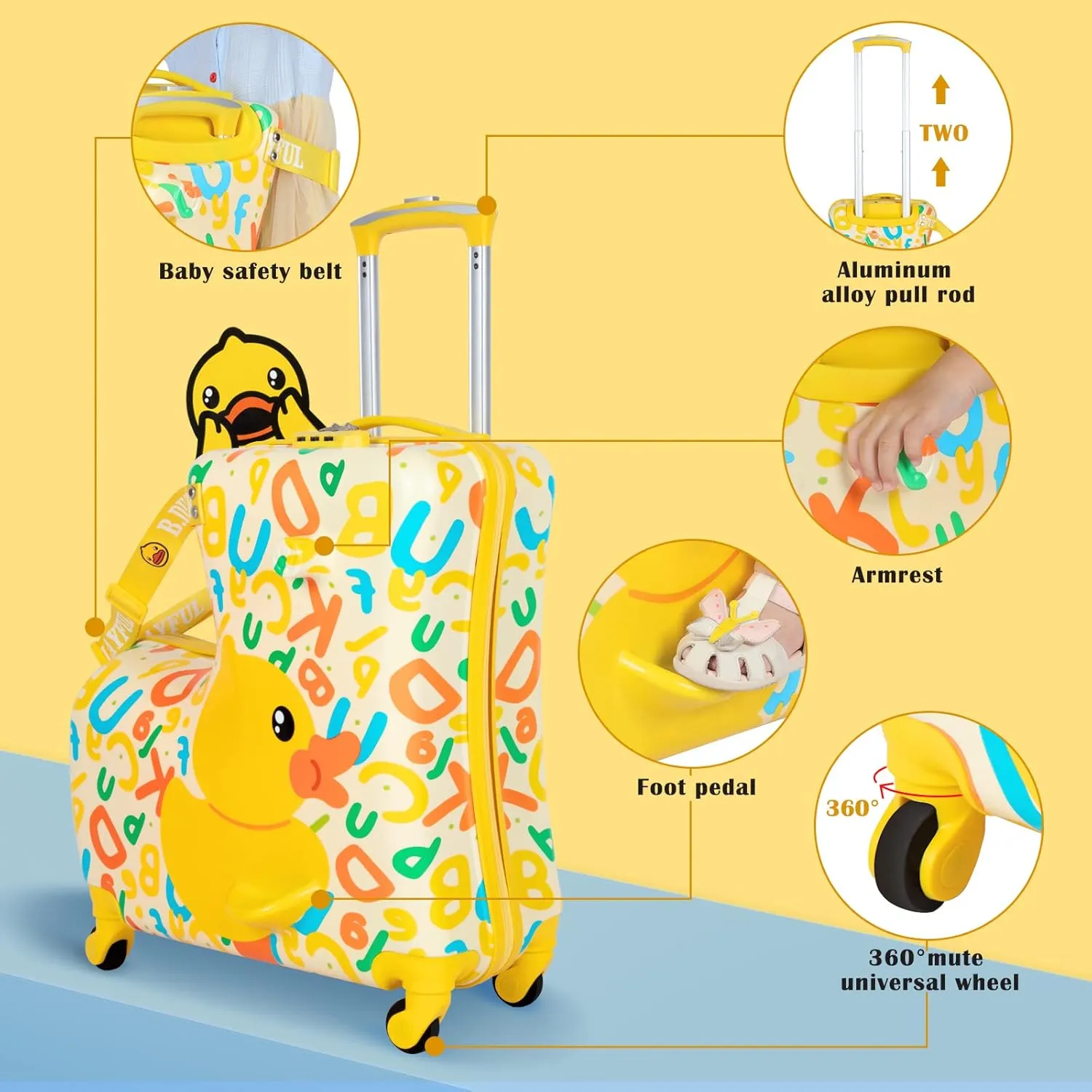 eing Children's Ride-On Travel Suitcase,Travel Rolling Kid's Luggage with Wheels Carry Trolley Luggages with Password Lock,Cute Funny Children's Ride On Trolley Tool,24 Inch (Yellow Letter)