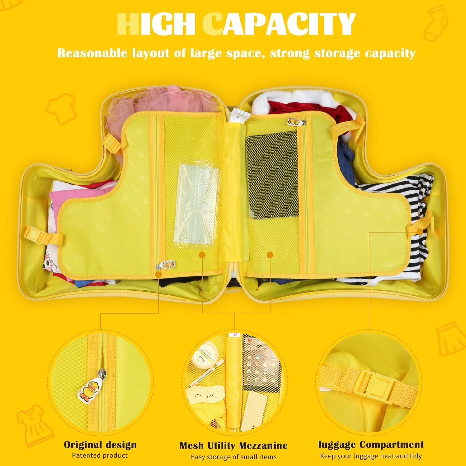 eing Children's Ride-On Travel Suitcase,Travel Rolling Kid's Luggage with Wheels Carry Trolley Luggages with Password Lock,Cute Funny Children's Ride On Trolley Tool,24 Inch (Yellow Letter)