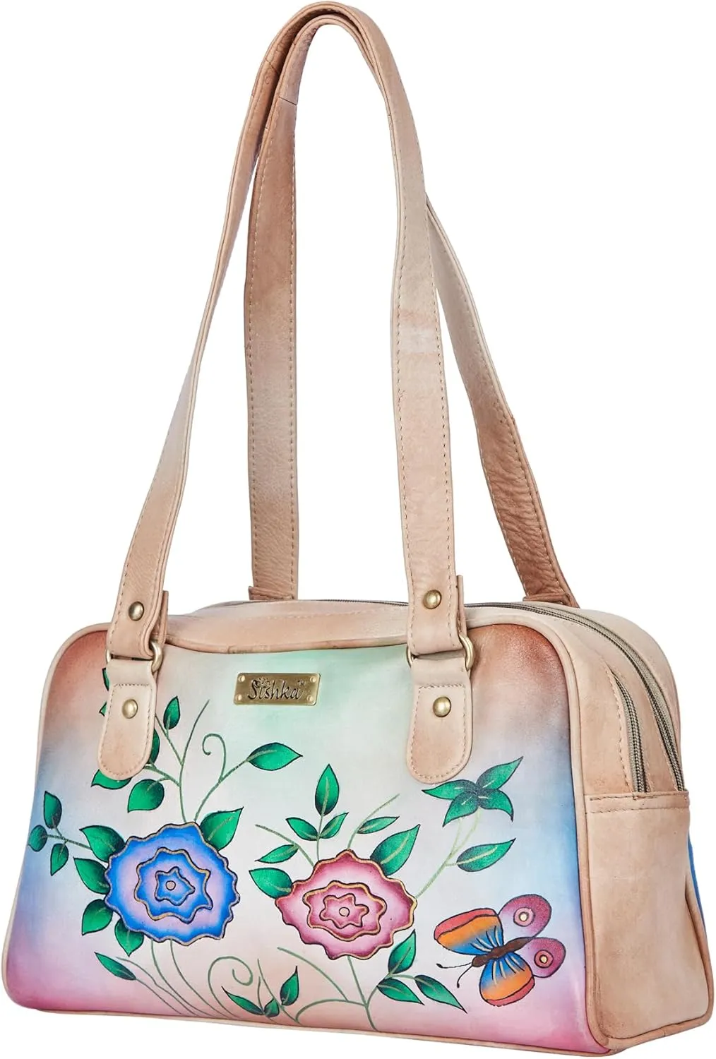 Elegant Beige Leather Shoulder Bag with Hand-Painted Floral Artwork