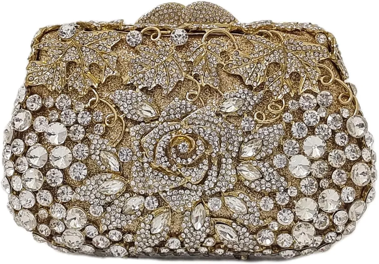 Elegant Rose Flower Crystal Clutch Evening Bags for Women Formal Wedding Bridal Party Floral Rhinestone Handbags Purse
