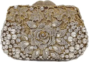 Elegant Rose Flower Crystal Clutch Evening Bags for Women Formal Wedding Bridal Party Floral Rhinestone Handbags Purse